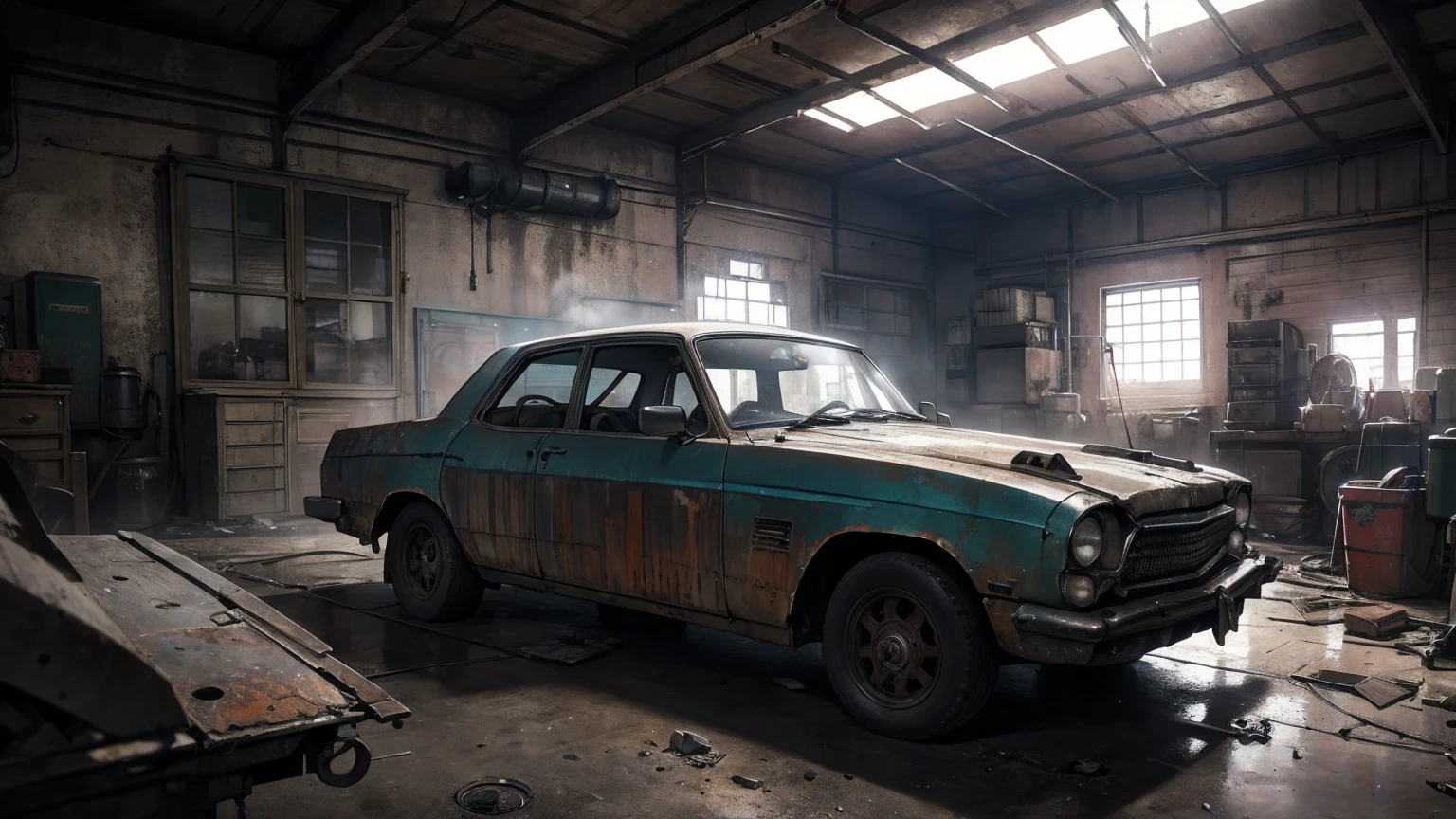 a girl repairing an old car in a garage, highly detailed machinery, dilapidated factory, scattered floor, best quality, 8k, hyperrealistic, photorealistic, ultra-detailed, physically-based rendering, extreme detail description, professional, vivid colors, studio lighting, dramatic lighting, moody atmosphere, gritty industrial, mechanical, steampunk