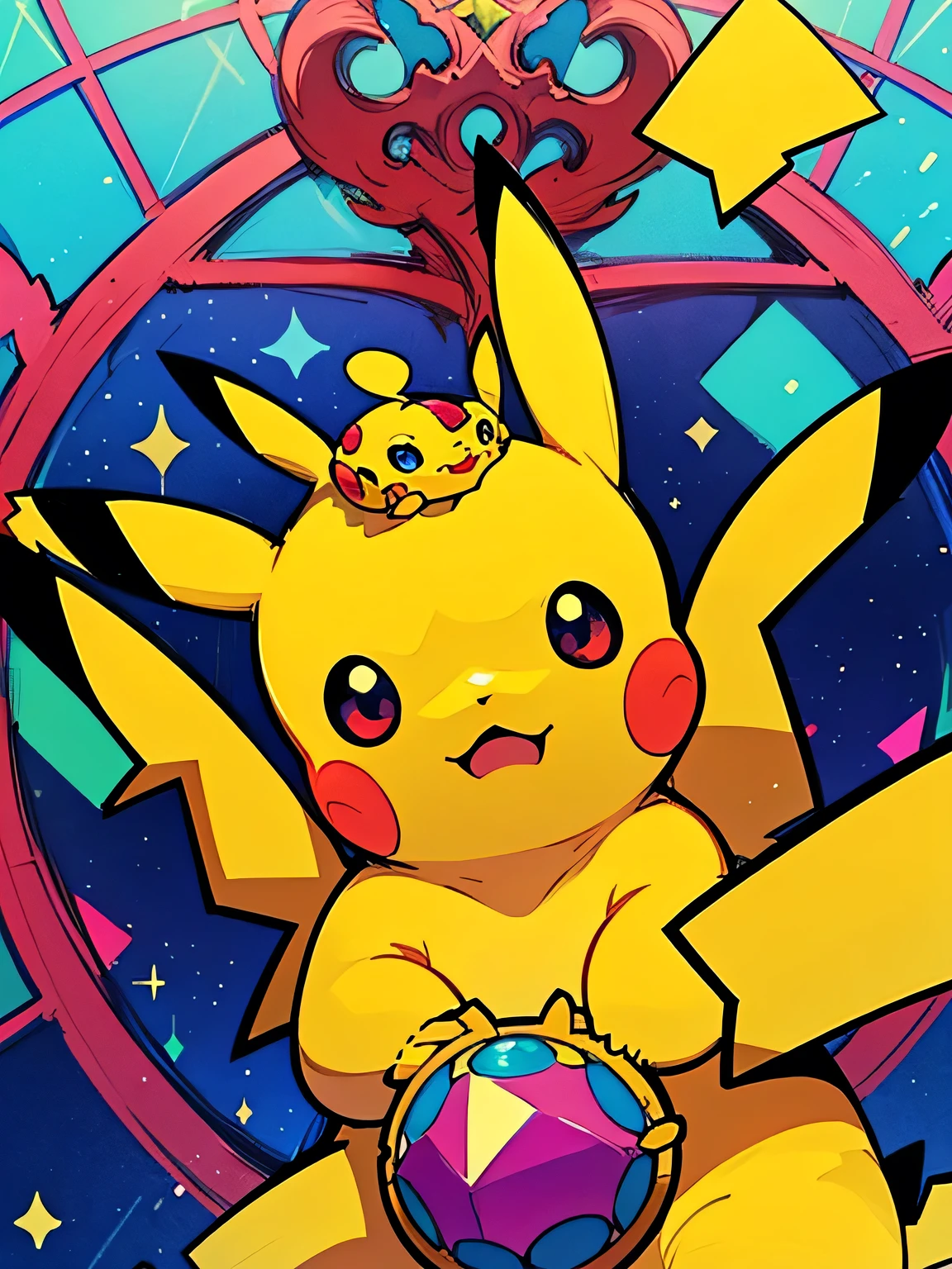 Alone,Rainbow、((A cute Pikachu with a gorgeous giant jewel crown on his head))、 stained glass、Terastal:1.3、(manga style),(sketch),(illustration),