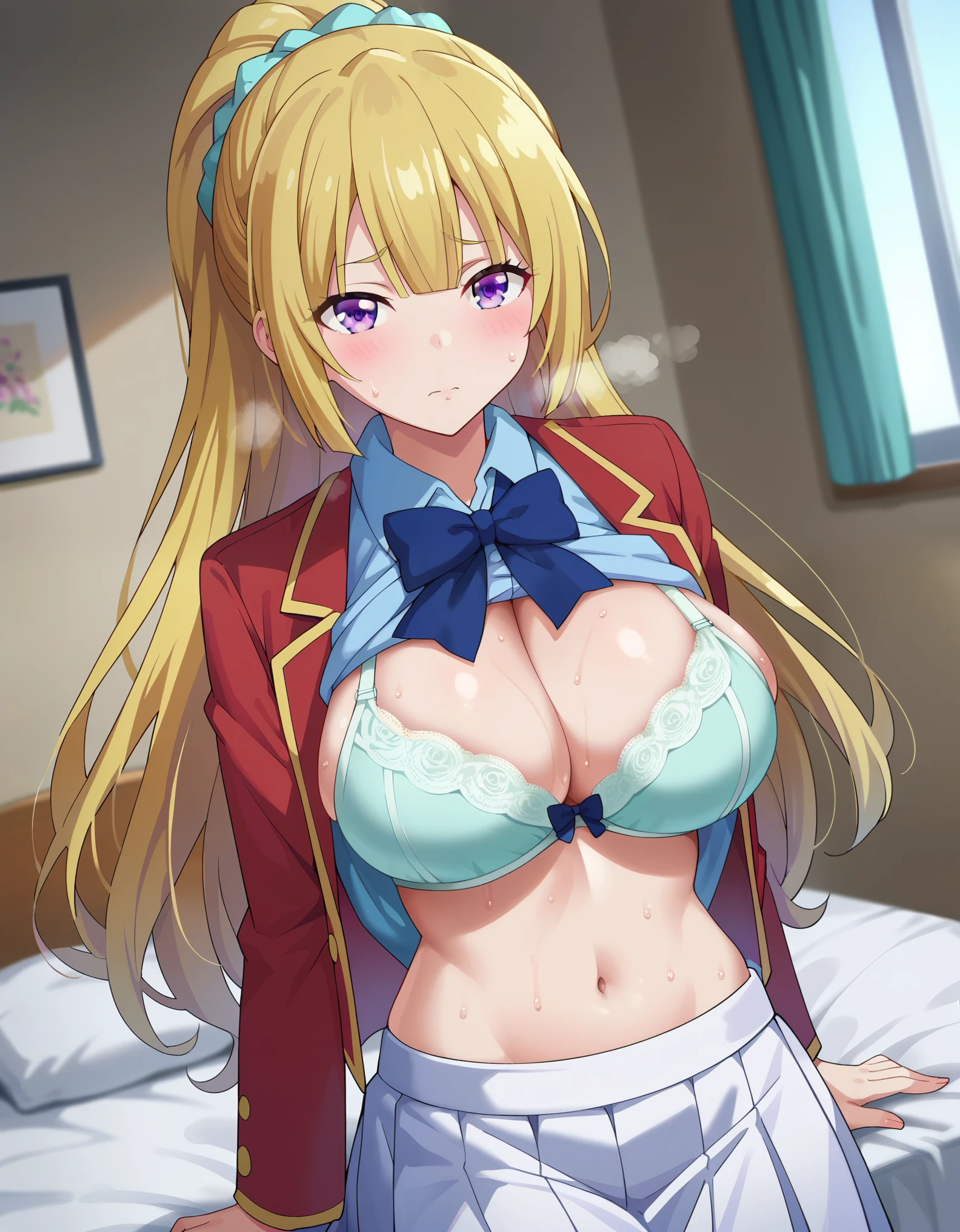 score_9, score_8_up, score_7_up, Kei Karuizawa, yellow hair, long hair, ponytail, scrunchie, purple eyes,
school uniform, red jacket, blue bow, white skirt,,(large breast:1.2),(round breast:1.3),Beautifully shaped breasts,Shiny,huge breast,busty,perfect body,(skinny body:1.2),(Skinny belly),Slim and big chested,Thin limbs,
indoors, bed, bed room,
looking at viewer, cowboy shot, dutch angle,((shirt lift)),(show off bra),cleavage,(Estrus),(orgasm face),sweat,steam,breath,blush,Estrus season,Mu-ra-mu-ra,frustrated