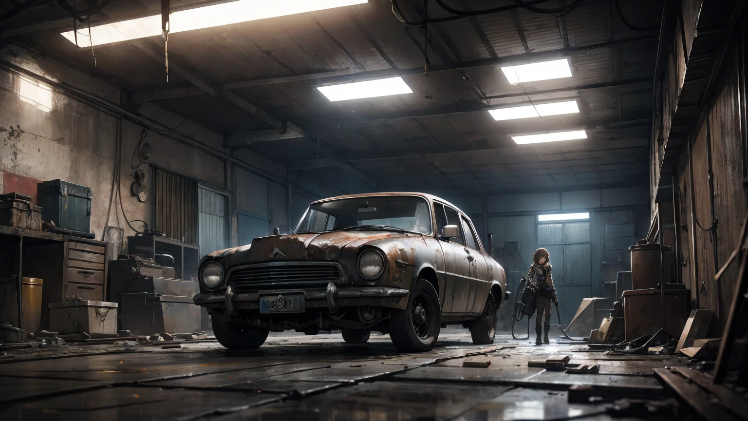 a girl repairing an old car in a garage, highly detailed machinery, dilapidated factory, scattered floor, best quality, 8k, hyperrealistic, photorealistic, ultra-detailed, physically-based rendering, extreme detail description, professional, vivid colors, studio lighting, dramatic lighting, moody atmosphere, gritty industrial, mechanical, steampunk