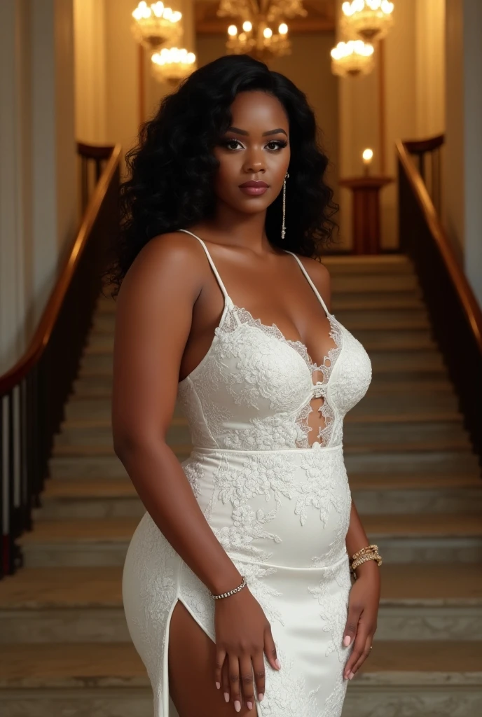 An empty decorated interior With a black groom and a woman in a dress at the background, generate an image of a black curvy bride in white grown walking into them