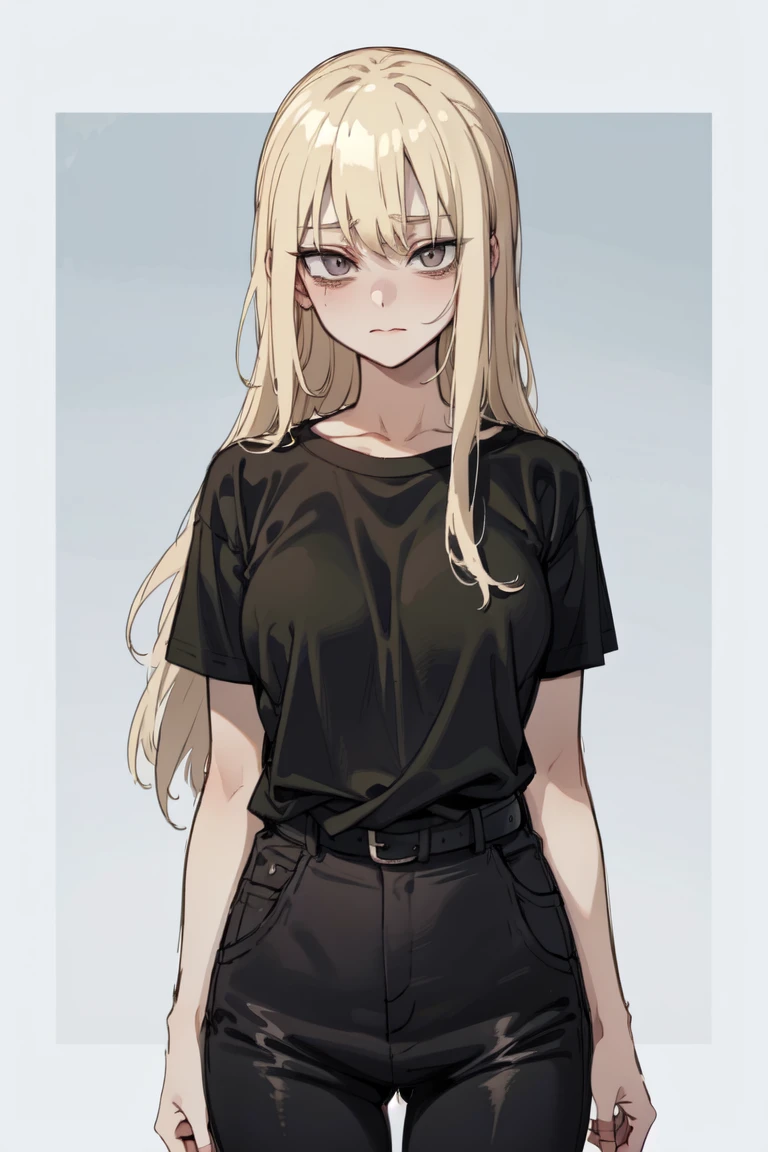 young woman, blonde,  long hair , gray eyes, black t-shirt, gray pants, wide pants, black belt, narcissistic, nervous, anime
