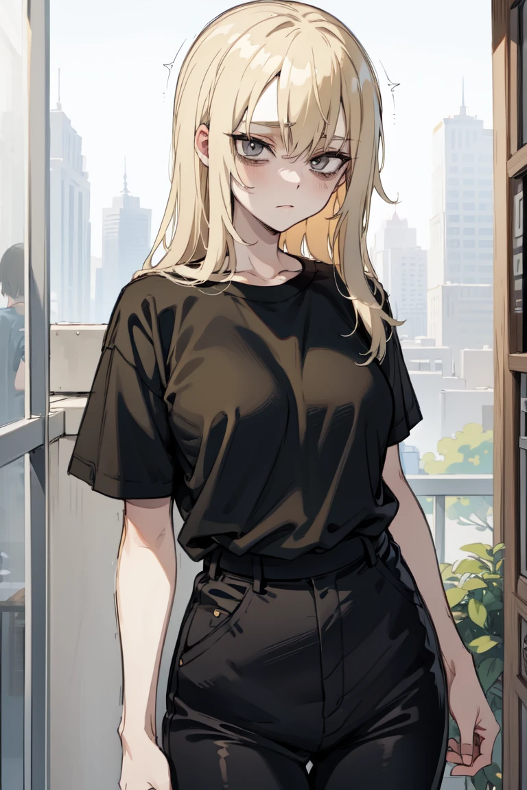 young woman, blonde,  long hair , gray eyes, black t-shirt, gray pants, wide pants, black belt, narcissistic, nervous, anime
