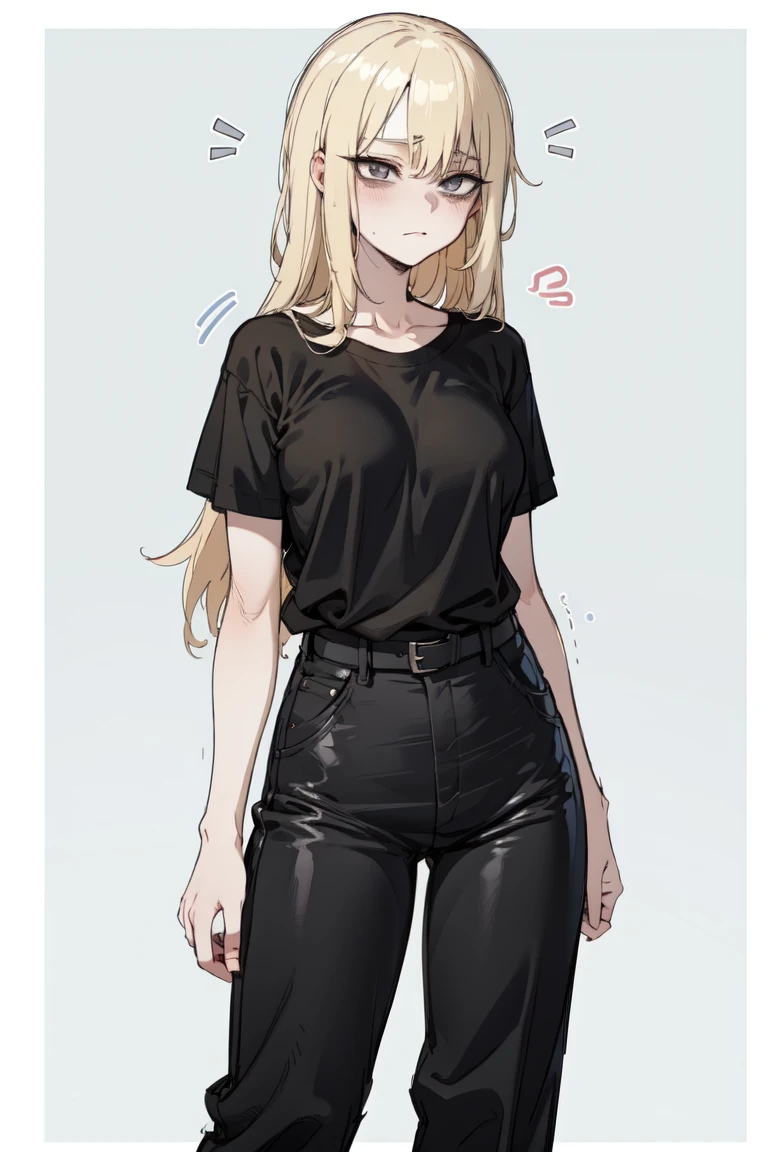 young woman, blonde,  long hair , gray eyes, black t-shirt, gray pants, wide pants, black belt, narcissistic, nervous, anime
