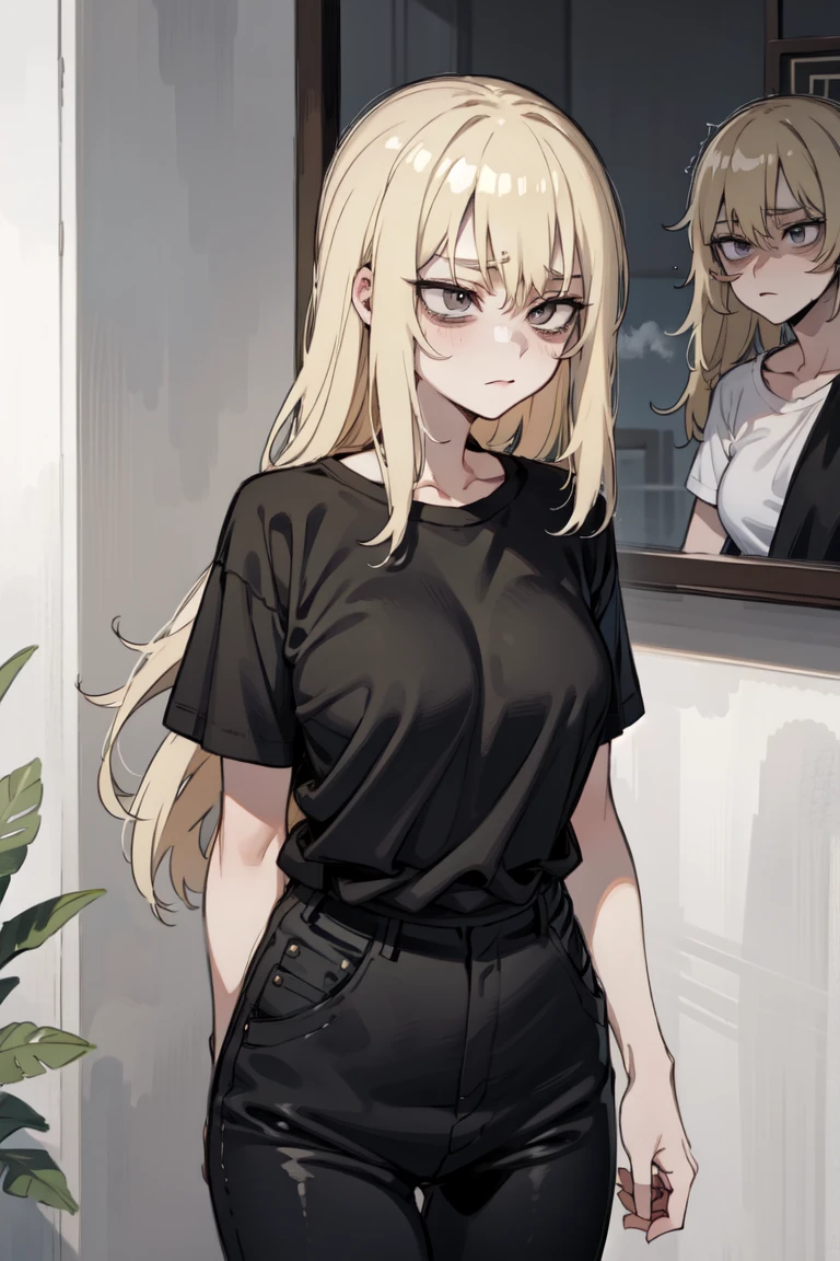 young woman, blonde,  long hair , gray eyes, black t-shirt, gray pants, wide pants, black belt, narcissistic, nervous, anime
