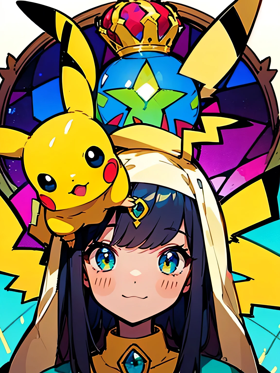 Alone,Rainbow、((A cute Pikachu with a gorgeous giant jewel crown on his head))、 stained glass、Terastal:1.3、(manga style),(sketch),(illustration),