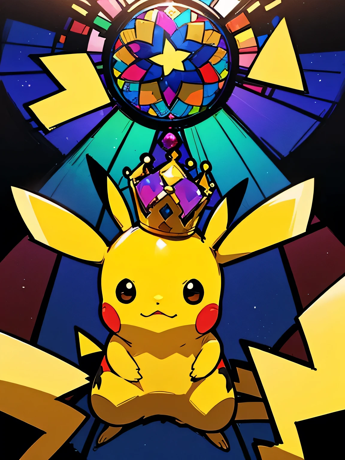 Alone,Rainbow、((A cute Pikachu with a gorgeous giant jewel crown on his head))、 stained glass、Terastal:1.3、(manga style),(sketch),(illustration),