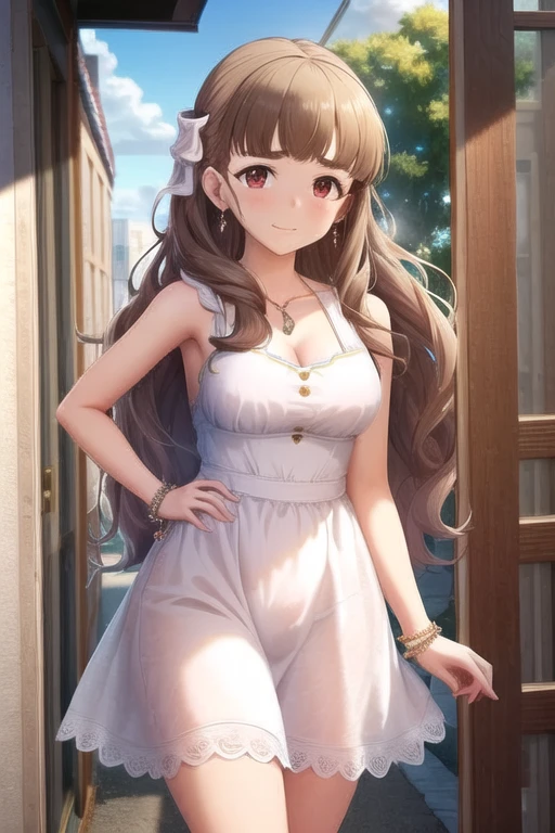 4K,Super detailed eyes, Super detailed,  very detailed CG, masterpiece, Best Quality,  very detailed CG, (Soft Shadows), (post processing:1.4), ( very fine and beautiful :1.4) ,Nao Kamiya,  embarrassed expression, medium breasts,  1 girl, Alone, Long Hair,  watching viewers , , smile, Brown Hair,  sleeveless , dress,  sleeveless  dress, ribbon, Red eyes,  JEWELRY, hair ribbon,  earrings with cups,  puffy , white dress,  bracelet,  City Backgrounds  , Outdoor, summer, nsfw, clavicle,  Barearm ,  in the center standing, 