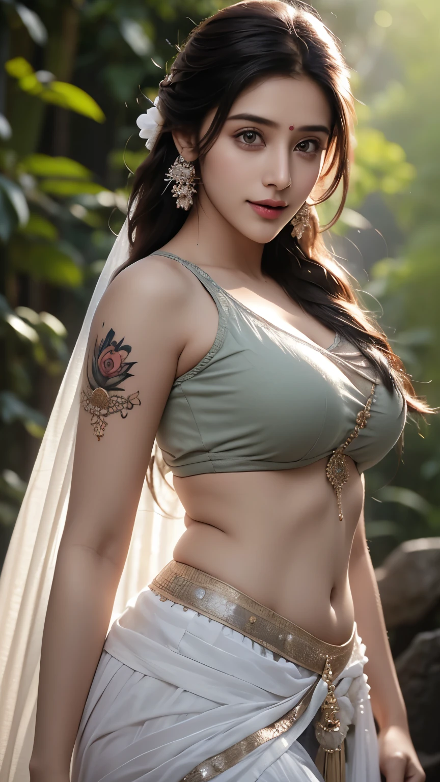30 year old indian woman, wearing gagra, long braid hair, mountain forest, ultra realistic, realism, cute, charming, dusk time, sunset, medium height, big eyes, tattooed hands, sexy, ambient lighting, lens flare, god rays, perfect anatomy, detailed body and face, 8k, 36dd, 8k, cannon 5d,