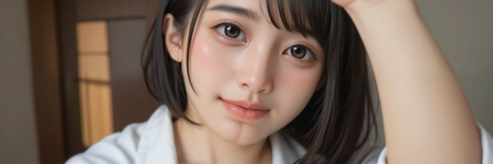 A high-floor hotel room on a moonlit night、Look straight into the camera、Beautiful young Japanese woman with short black hair、One Girl、Portrait、Bust Shot、cute、(Best Quality、4K、8k、High resolution、masterpiece:1.2)、Super detailed、(Real、Photorealistic、Photorealistic:1.37)、HDR、UHD、Studio Lighting、Ultra-fine painting、Sharp Focus、Physically Based Rendering、Extremely detailed depiction、professional、Vibrant colors、Bokeh、Natural Light