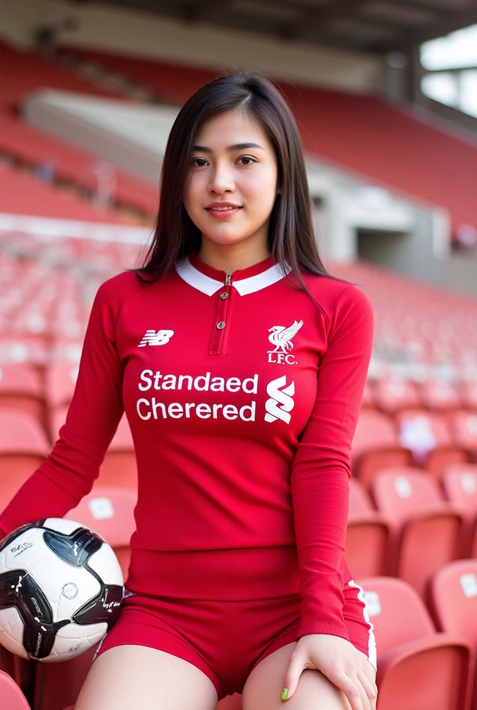 Magazine cover style photography A beautiful Thai woman smiles charmingly and wears a tight Liverpool shirt. Wear tight shorts. In her hand was a soccer ball. Atmosphere at Anfield stadium