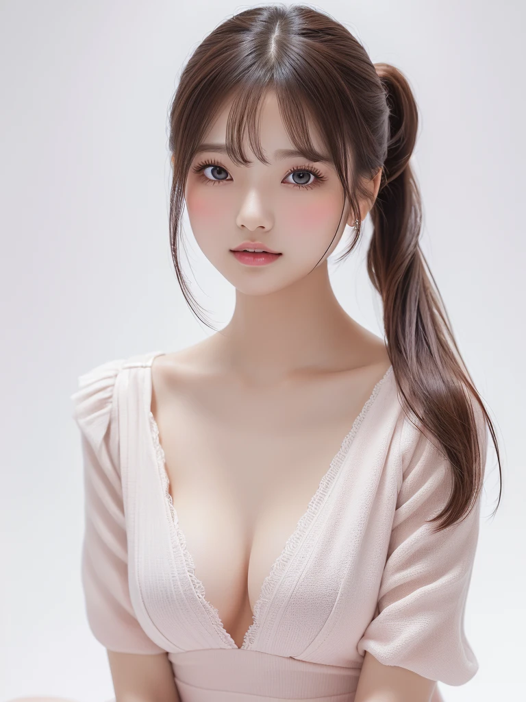 Beautiful breasts,(Neat,  elegant:1.4),,(adult,1.4),(Clear Eyes:1.4),(  is so cute:1.2),(Small breasts:1.2),  natural makeup ,A kind smile, wide shot ,(Highly detailed debtace and skin texture:1.4),(Alone:1.3),  best quality  ,masterpiece,   ultra-fine ,(Realistic:1.3),(8K Ultra HD, RAW Photos:1.2),35mm Lens, debt/1,(Detailed eyes:1.2), double eyelid,(  White background  : 1.3) ,( standing pose,debtull body:1.4、Pink outfit、Mid-range photography、(((Kneel 1.85)))、(((Young、 s、Girl)))、 ponytail hair 、(((clear 1 .5、 pure 1.5)))、