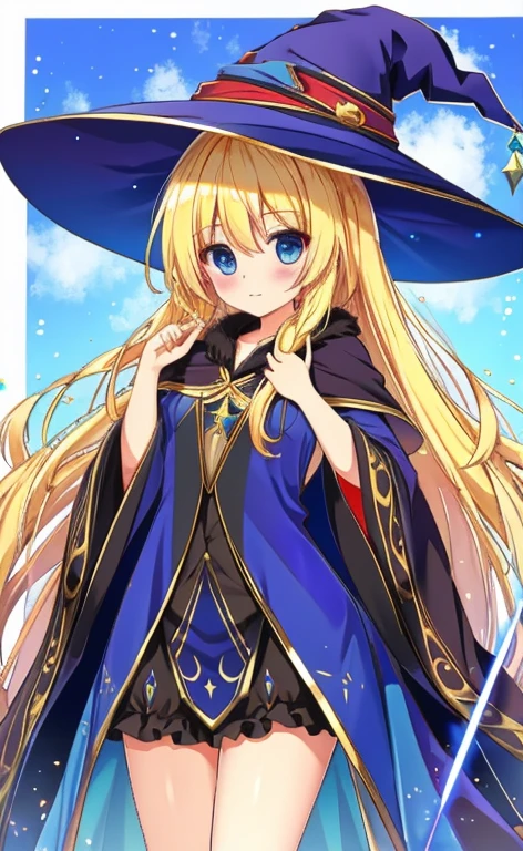  beautiful long blonde hair 　Blue Eyes　Black Wizard's Long Robe　 witch hat 　whole body