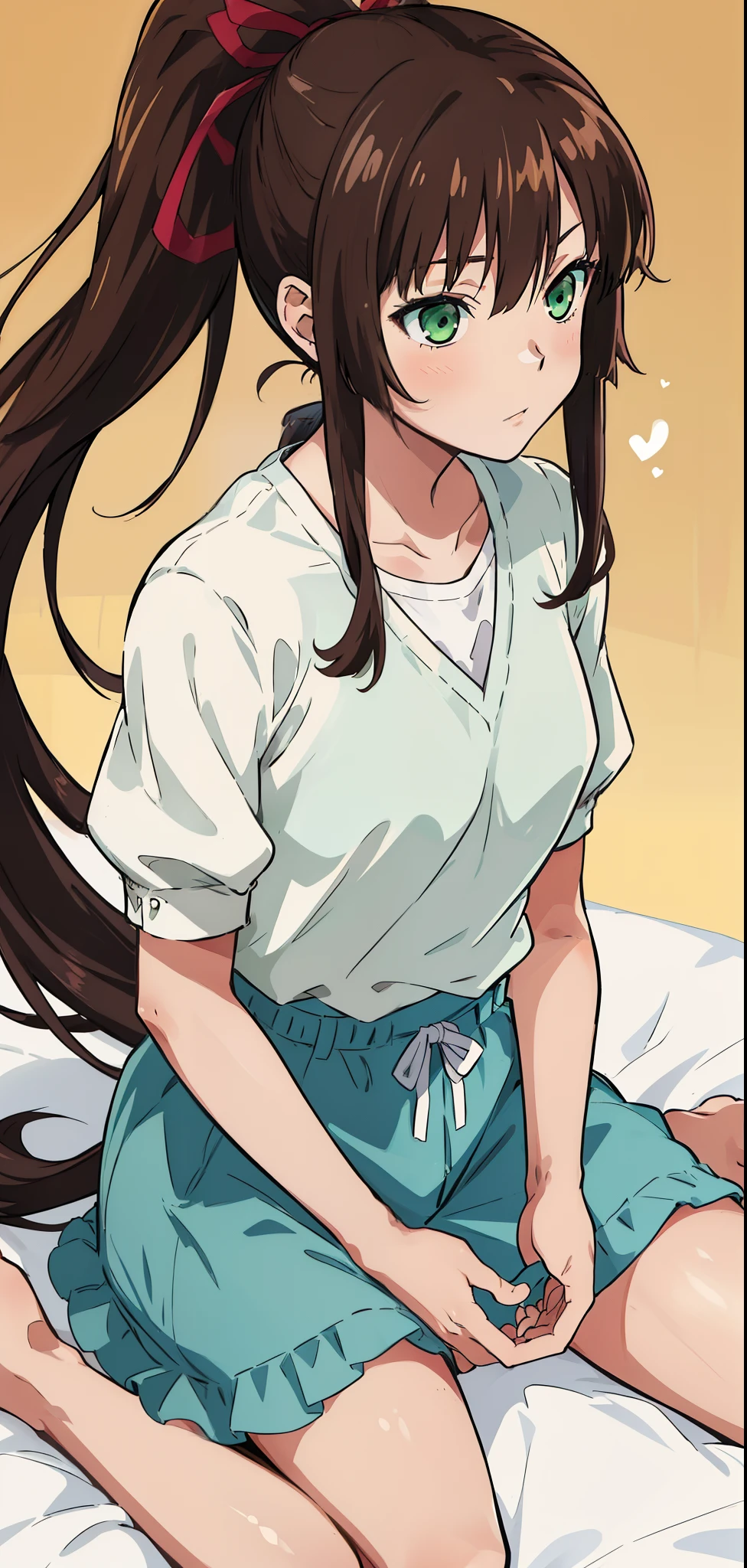 masterpiece, best quality,1girl,solo,kirasaka sayaka,brown hair,long hair,ponytail, hair ribbon, green eyes, wariza, (clothes). Manga panels. MangaHentaiStyleConceptv2