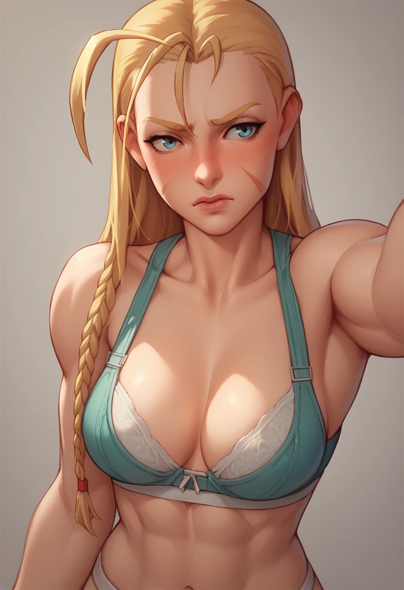 Street Fighter Cammy　Selfie　 anime style　Embarrassed　blushing
Wearing underwear 　 bras