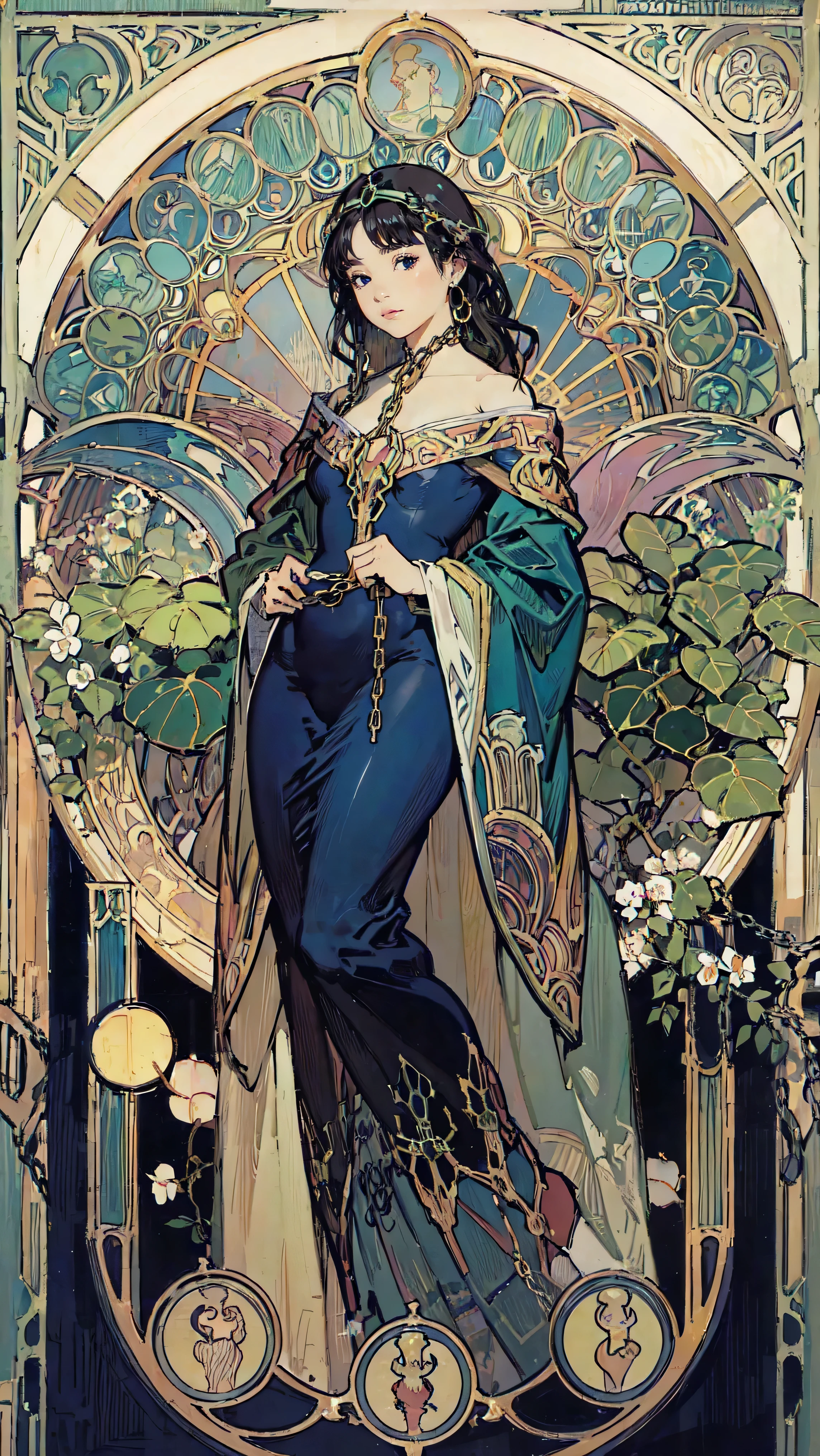 Detailed Background、Mucha style、Art Nouveau、The plants form chains around the subject's arms and legs.、(White underwear:1.2)、(masterpiece、Highest quality、Highest quality、Detailed and careful line drawings)、Vintage Color、colorful、Anatomically correct、Written boundary depth、Flat Shading、Bokeh、(Toned body, Thick thighs:1.2))、((Showing off your armpits)、Armpit hair grows)、Pussy、Camel Toe、Expressive eyes、Perfect Face、Black Hair、Okabo Hair、still、She is blushing、Browsing Caution