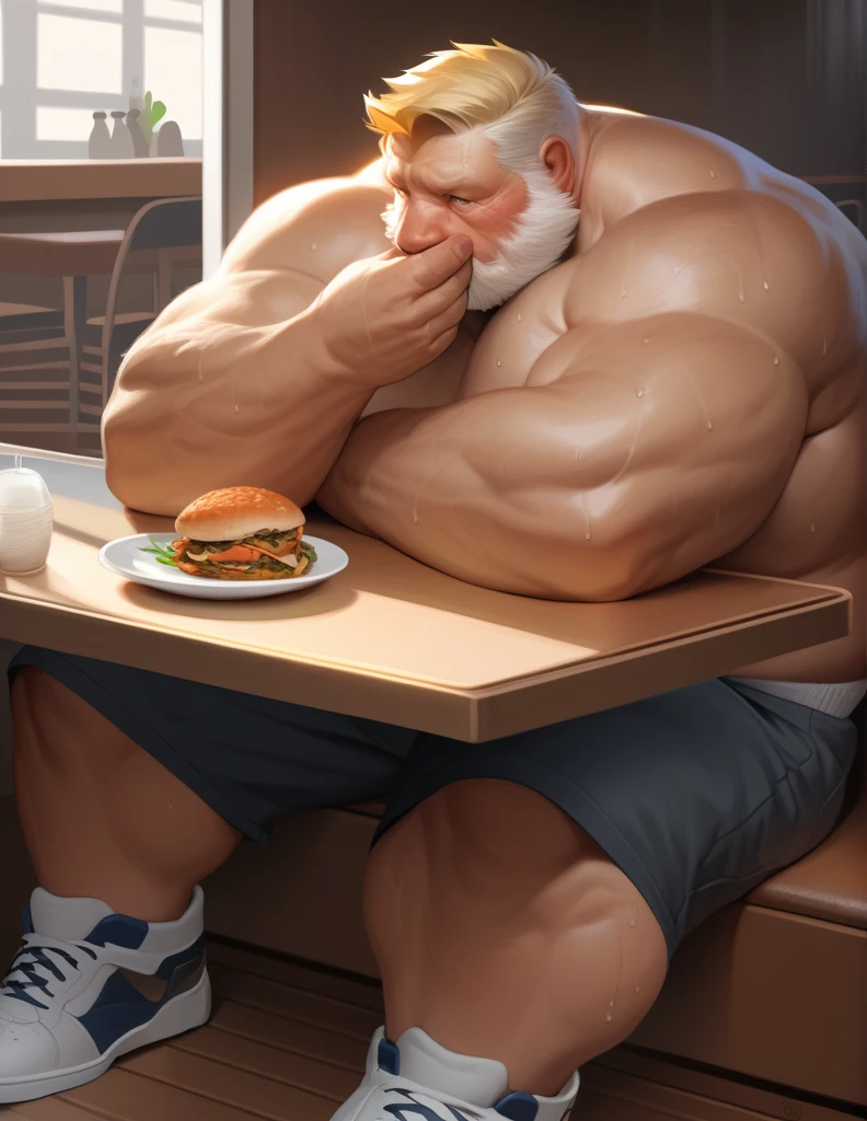 solo, 1boy, Muscular Old man, wide shoulder, thick arms, (chubby, belly), wide pectoral, massive muscle, sitting in restaurant, eat, food, short hair:1.2, blonde hair, detailed eyes, shorts, focus eyes, shoes, sweat, shirtless, masterpiece, semirealistic:1.2, high detailed, 8k, high resolution