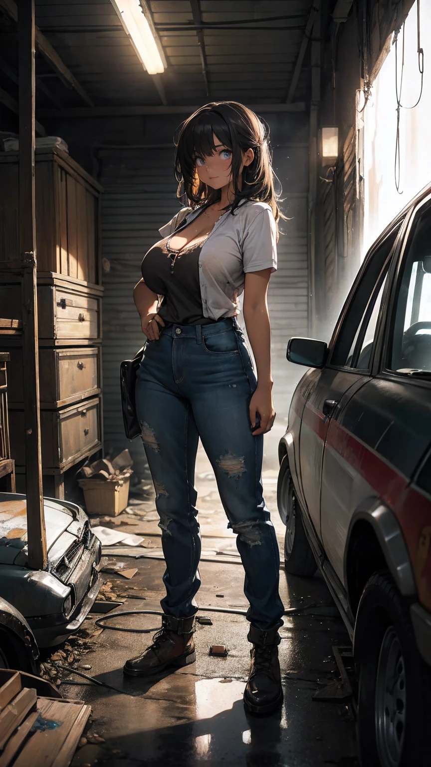 A busty, sexy girl with high resolution, repairing an old, dilapidated car in a garage, wearing dirty clothes, with a messy floor, cinematic atmosphere, covered in oil