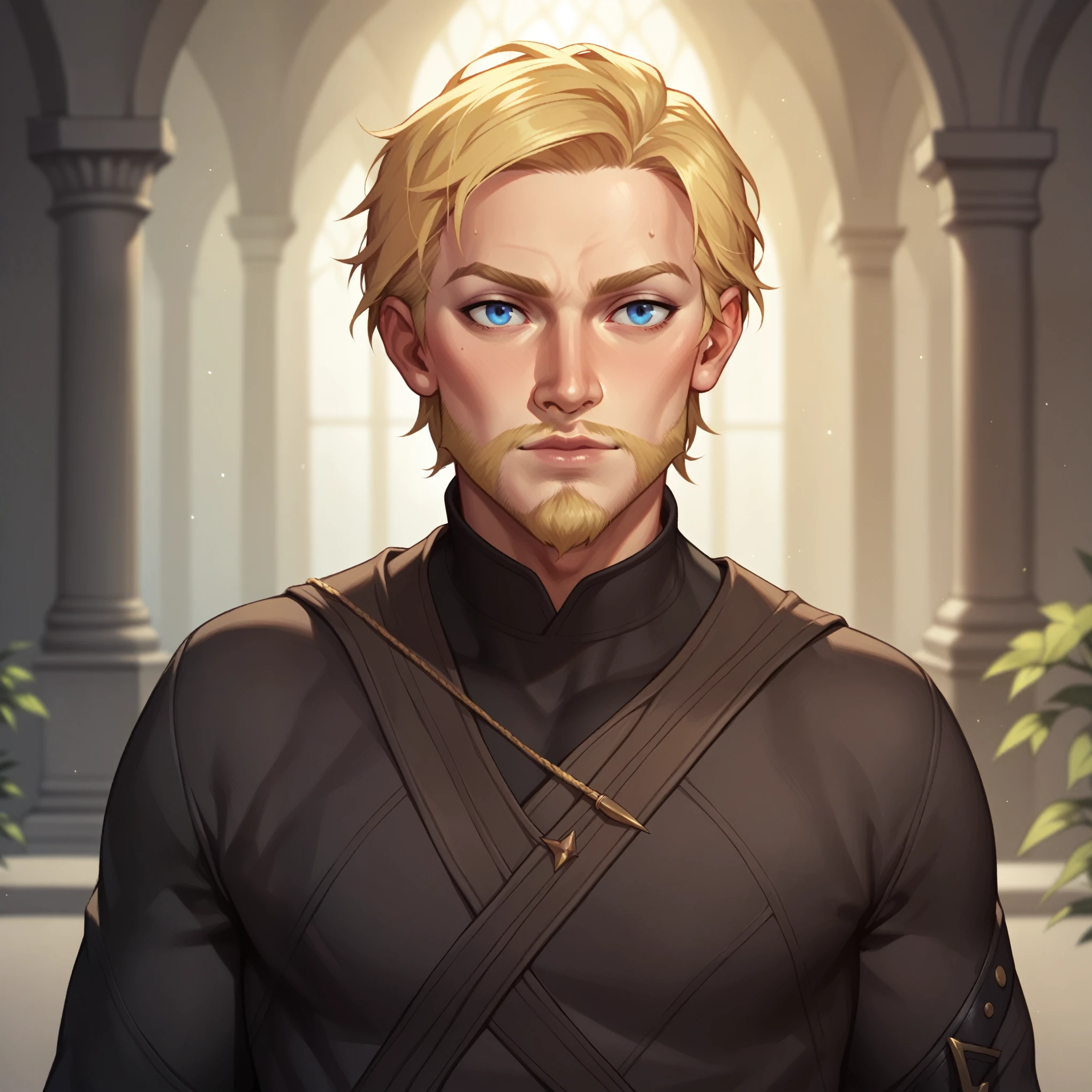 (((beautiful, high quality, comics style, detailed face))), score_9, score_8_up, score_7_up, BREAK, solo, 1man, tall, athletic, blonde hair, Blue eyes, short hair, (thin beard:1.4), wear the black clothes of a noble king, blurred background, (dynamic lighting:1.1) ((masterpiece)), easynegative
