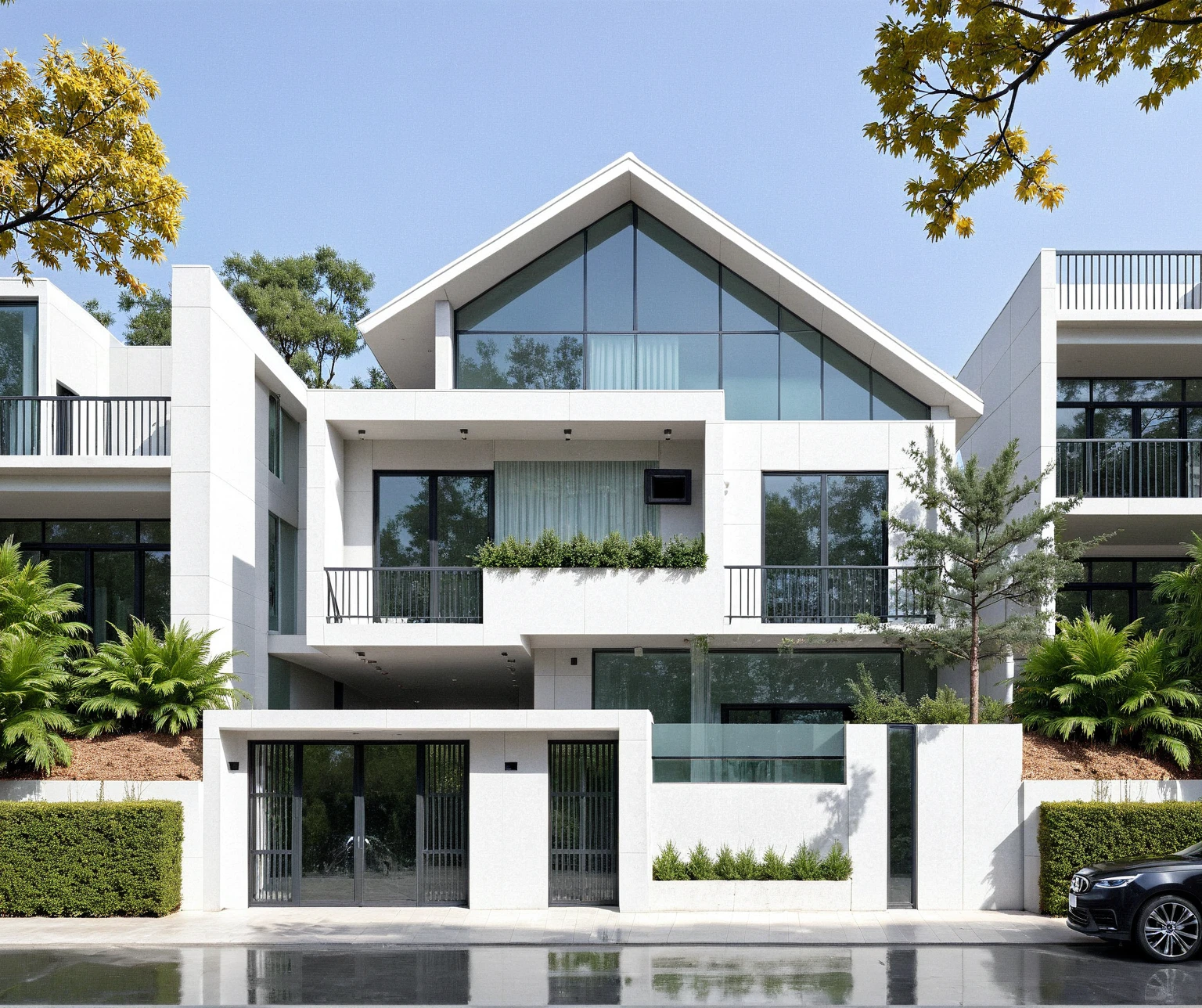 Raw photo,Masterpiece, high quality, best quality, realistic, super detailed, exterior, outdoor, This image shows a modern, minimalist two-story house with a sleek white facade and large floor-to-ceiling windows. The building has clean, rectangular lines and an open, geometric design, featuring a mix of glass and concrete materials. A small garden with neatly trimmed bushes and trees surrounds the house, adding natural elements to the contemporary architecture. The entryway is set back from the main road, with a wide pathway leading up to it, and there’s a spacious balcony on the upper floor with a glass railing. The background has additional trees, enhancing the house’s modern yet natural atmosphere, clear blue sky, (daylight:1.1), ((actual photo))