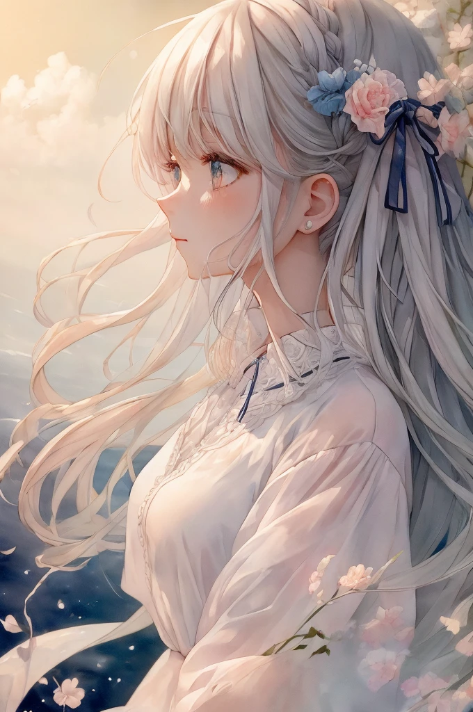 (one cute girl:1.3), (Line art:1.3), (Soft atmosphere:1.3), perfect anatomy, (A soft anime-style image capturing a delicate and ephemeral atmosphere), Enhance the anime screencap by adding a watercolor background, further elevating the dreamy and ethereal aesthetic. This scene, now rendered in 16k wallpaper resolution, merges the delicate beauty of the girl with pale skin and white hair with a soft, lush watercolor landscape. The big, intricately designed dress and her captivating eyes are set against a backdrop that mimics the fluid, blending colors of a watercolor painting, adding a layer of artistic depth and emotion. The perspective from above at a dutch angle, combined with the watercolor effect, creates a composition that feels like a floating, dream-like world, glowing aura around her are now part of a canvas that blends reality with imagination, inviting the viewer to step into a tranquil world of soft hues and poetic beauty, all encapsulated within a serene, watercolor dream, more_details:-1, more_details:0, more_details:0.5, more_details:1, more_details:1.5, 