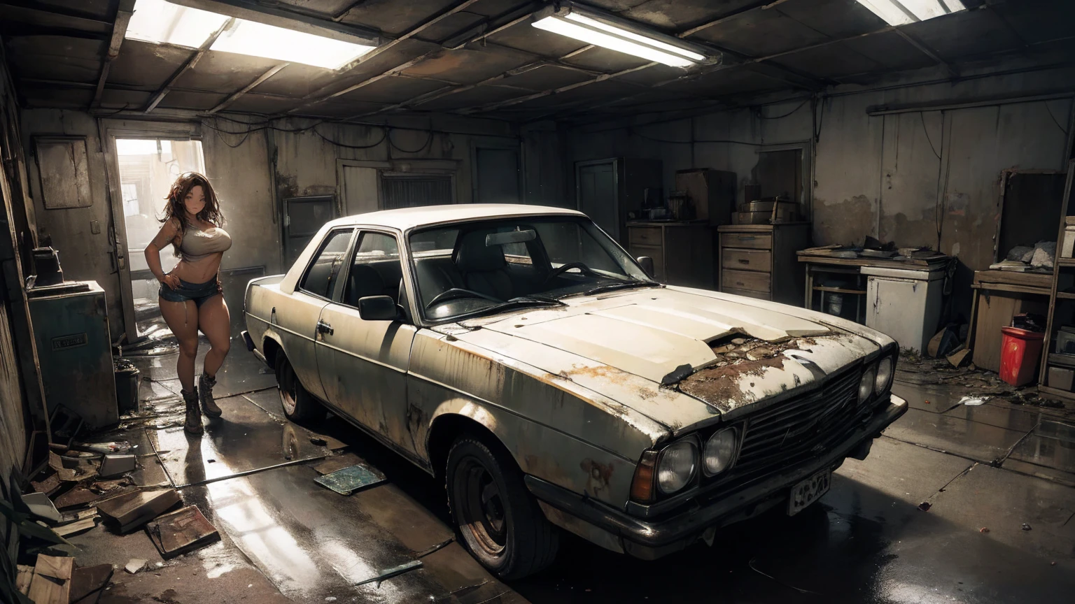 A busty, sexy girl with high resolution, repairing an old, dilapidated car in a garage, wearing dirty clothes, with a messy floor, cinematic atmosphere, covered in oil