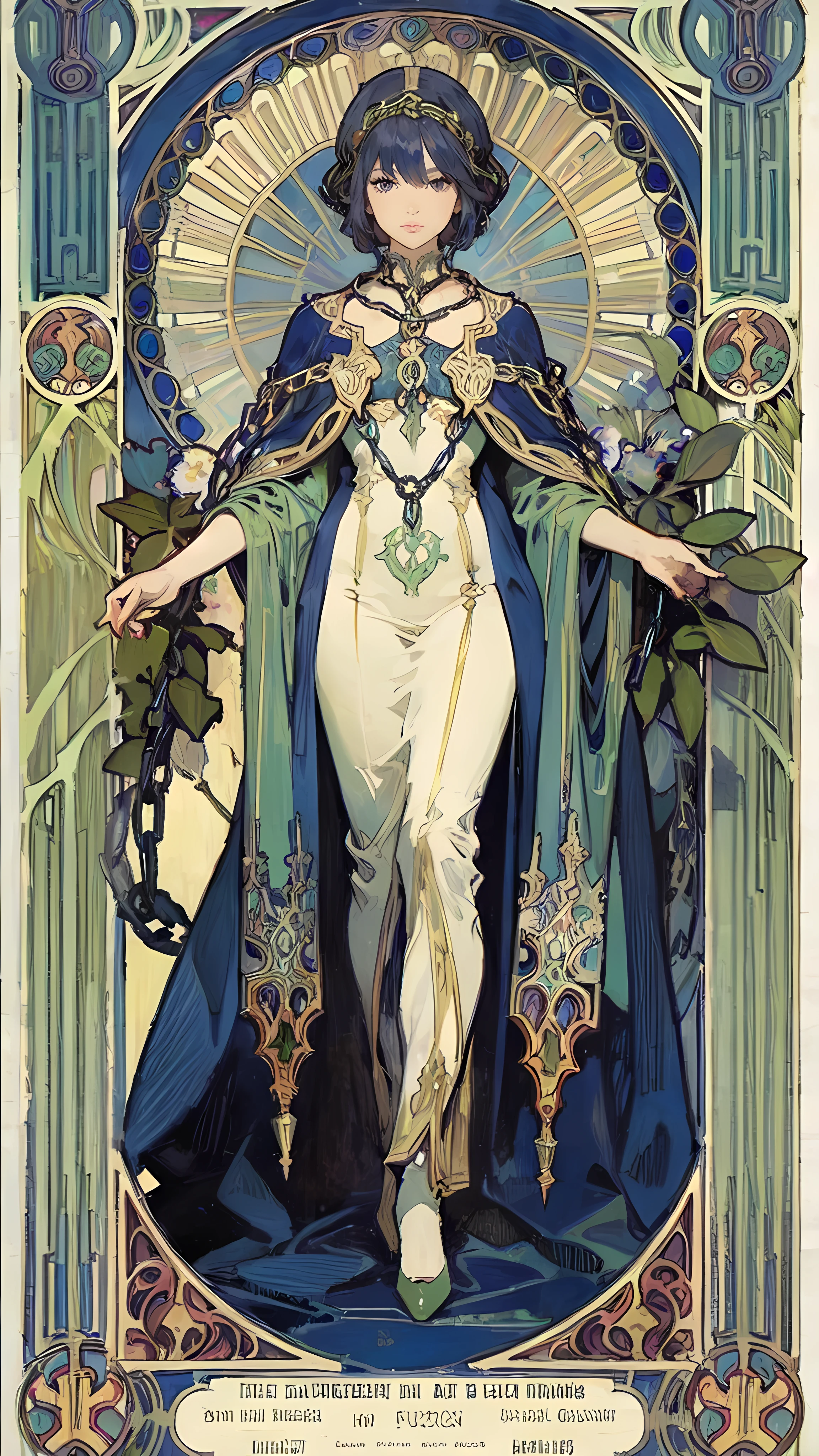 detailed background 、Mucha Style、Art Nouveau、The plants form chains around the subject's arms and legs.、(masterpiece、Best Quality、Highest quality、Detailed and careful line drawings)、 vintage color 、colorful、 anatomically correct、 the depth of the written boundary、 flat shading 、Bokeh、( toned body, Thick thighs:1.2))、(Showing off her armpits)、 expressive eyes、 perfect face、Black Hair、Bob hair、still