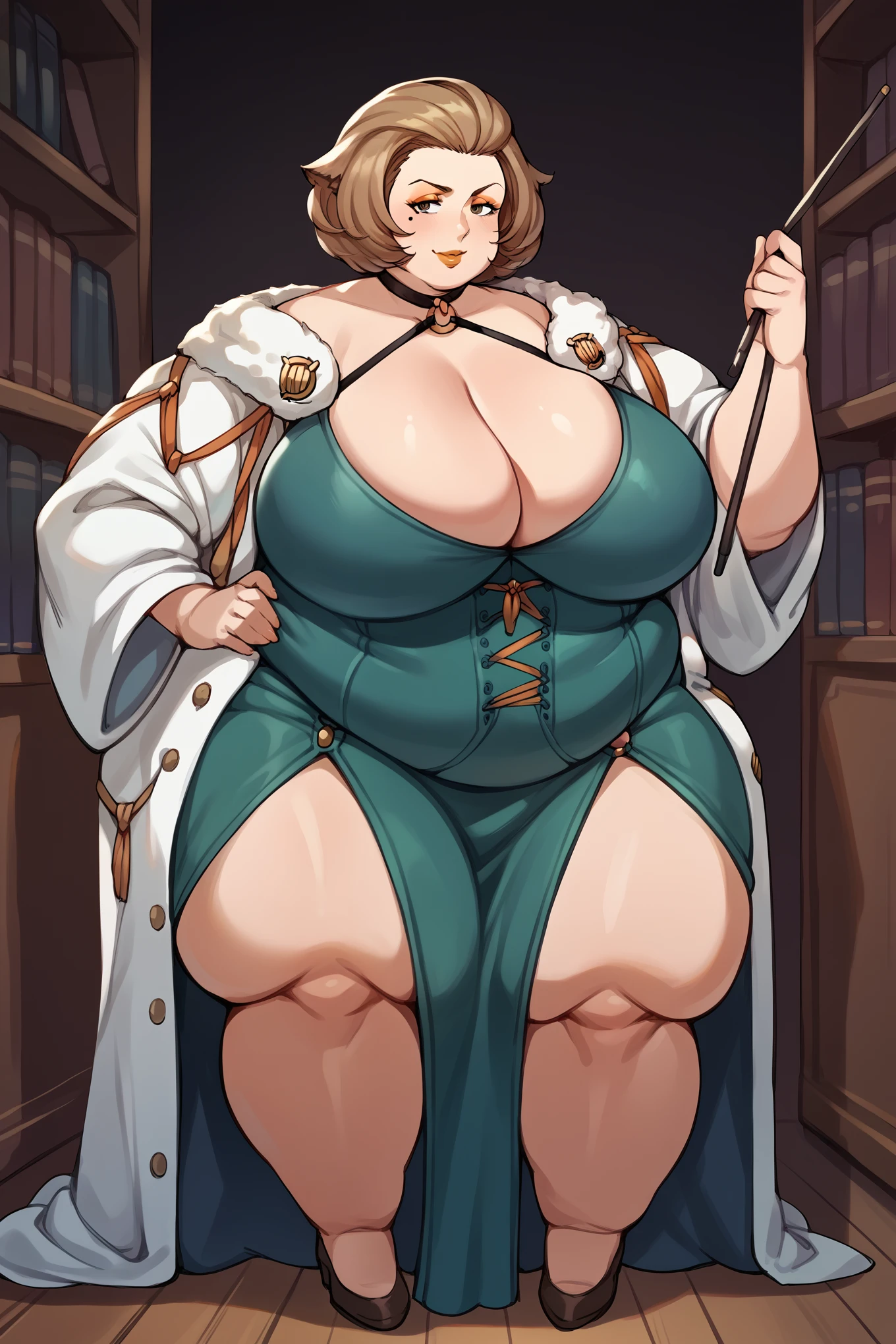 score_9, score_8_up, score_7_up, score_6_up, source_anime, 1girl BREAK defManuela, short hair, mole under eye, eyeshadow, lipstick, black choker, o-ring, halterneck, cleavage, green dress, corset, white coat, fur trim, large breasts, bookshelf, looking at you, seductive smile, hand on hip, holding stick, fat, chubby, obese, gigantic arms and legs