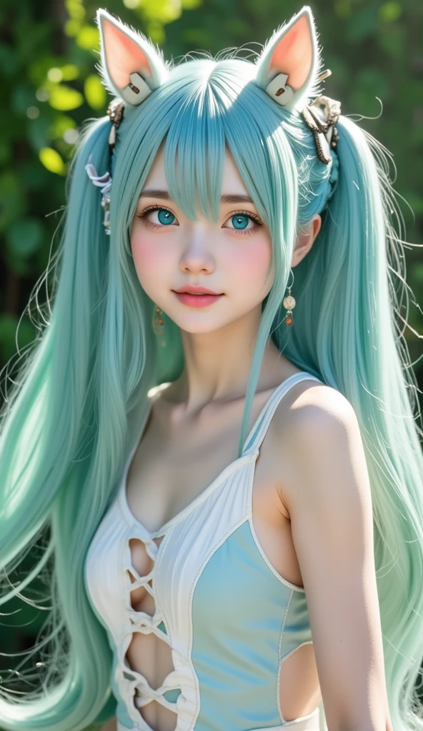 RAW photo、Blue-green hair,Two-tailed horse, sexy,Adorable,Small eyes、Expressionless,Squat Twintails、 Hatsune Miku、Official Art， Unity 8k wallpaper， very detailed ，aesthetics，masterpiece，Best Quality，Realistic,Photo level、Best Quality、Highest quality、masterpiece、