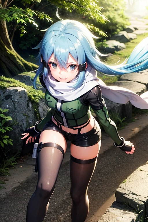 SShinono, blue hair, broad breath, light smile, gloves, shorts, fingerless gloves, scarf, short shorts, black shorts, anti-rifle equipped, best quality for walking in the forest