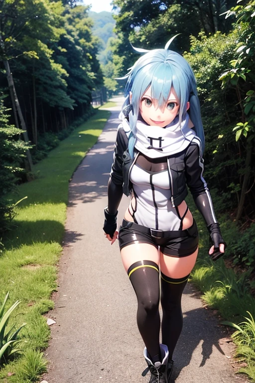 SShinono, blue hair, broad breath, light smile, gloves, shorts, fingerless gloves, scarf, short shorts, black shorts, anti-rifle equipped, best quality for walking in the forest