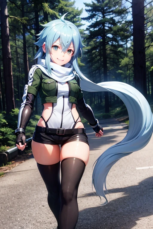 SShinono, blue hair, broad breath, light smile, gloves, shorts, fingerless gloves, scarf, short shorts, black shorts, anti-rifle equipped, best quality for walking in the forest