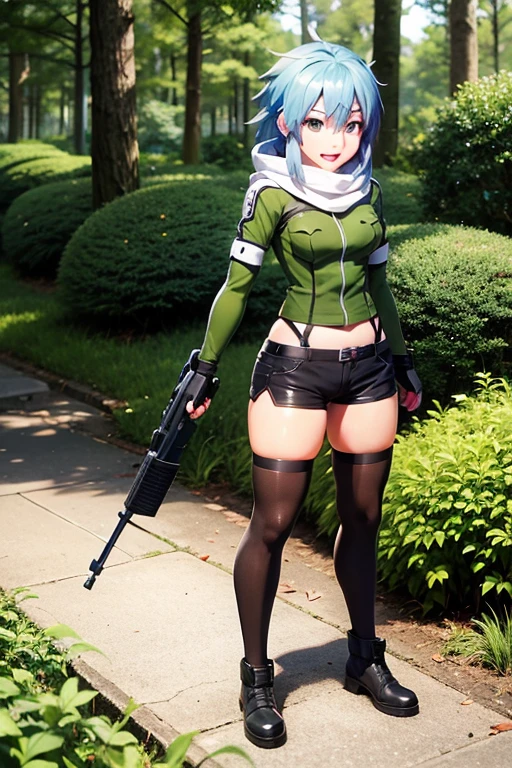 SShinono, blue hair, broad breath, light smile, gloves, shorts, fingerless gloves, scarf, short shorts, black shorts, anti-rifle equipped, best quality for walking in the forest