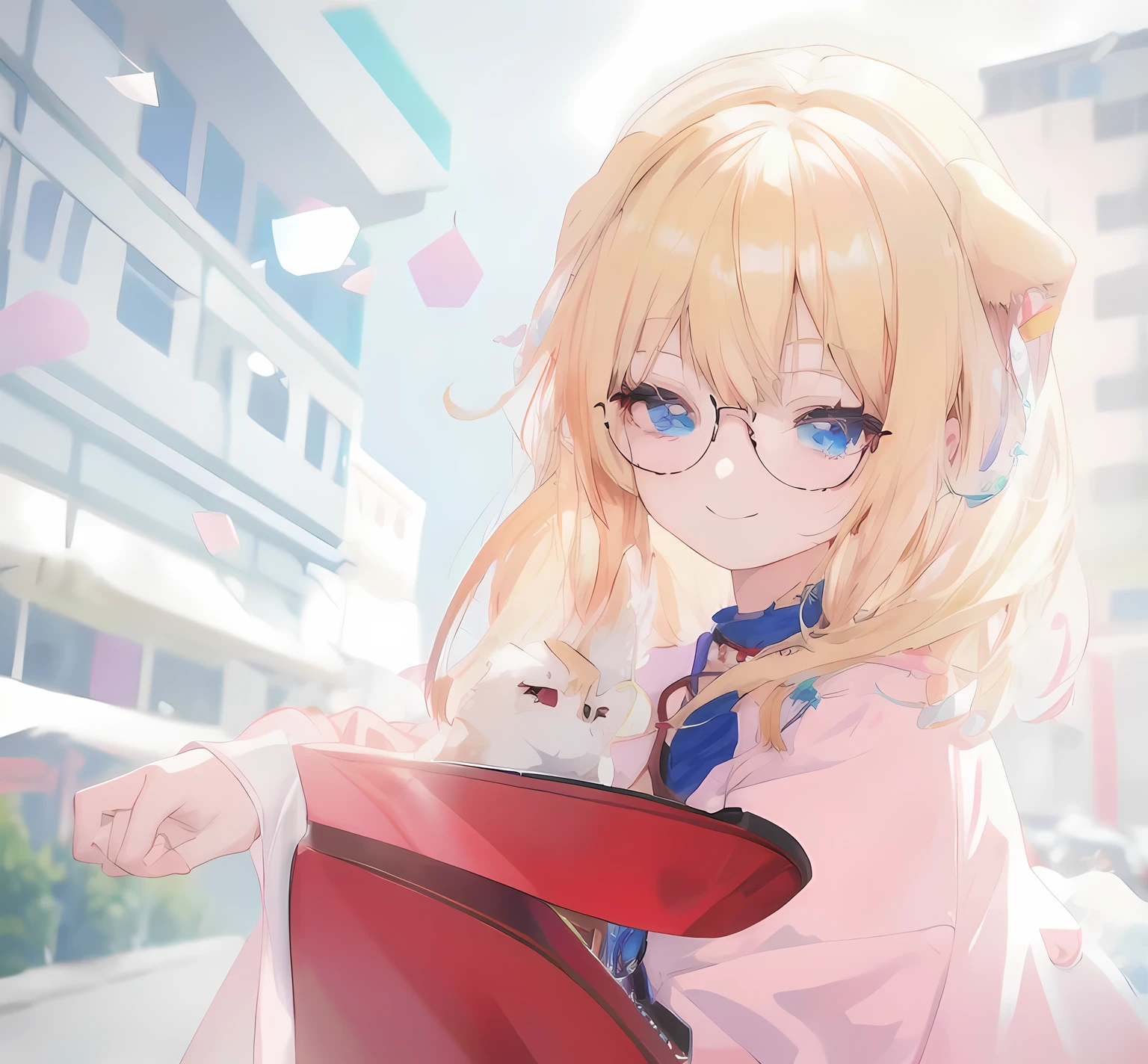 blonde anime girl with round glasses pointing at something with henger, blue eyes, have a cute brown dog ears, inumimi, looking at camera, smiling, anime style. 8k, with index finger, anime vibes, realistic anime 3 d style, render of a cute 3d anime girl, anime moe artstyle, photorealistic anime girl render, anime. soft lighting, anime style 4 k, anime visual of a cute girl