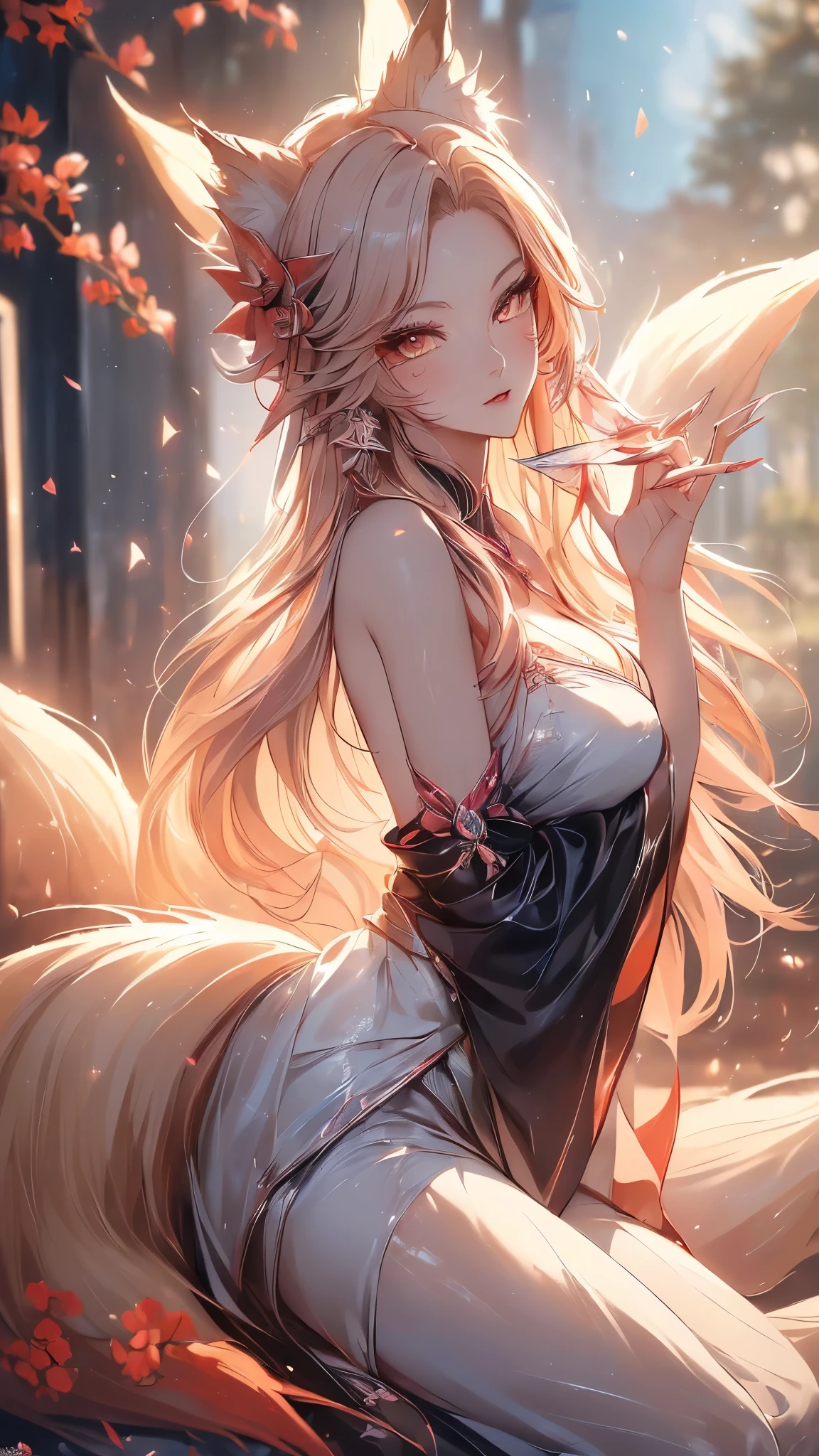 (Nine-tailed fox:1.5)、(A beauty who can turn a nation:1.7)、(Masterpiece)、(Best Quality)、( seductive expression :1.4)、(Mysterious aura:1.2)、(Gorgeous Skin)、(Attractive eyes)、(Exposing Skin:1.3)