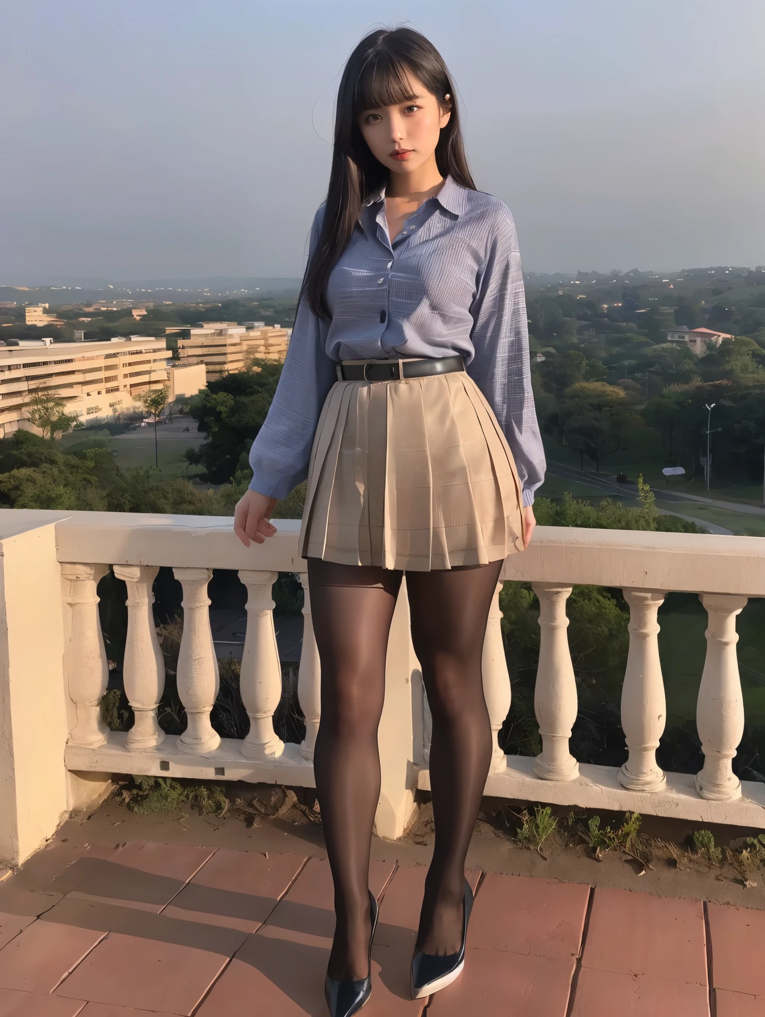 (((8k、 Kampala、Best Quality、 Kampala)))Alone、Natural body shape、 white skin、 natural makeup 、(( Black Hair 、bangs、Long straight hair))、((()))、 at dawn、(Sit at the top of the tower:1.4)、(())、(((((Full body images)))))、((( Lift to See Camera )))、(((The upper body is in uniform )))、classroom、(((High school))) 、((long sleeve blouse with white collar ))、(( Beige cardigan))、((Dark blue checkered pleated skirt、 miniskirt in length、 Super Real Pantyhose ))、、、Expressionless、(( exposing thighs )), Beautiful mature woman, thighhighs