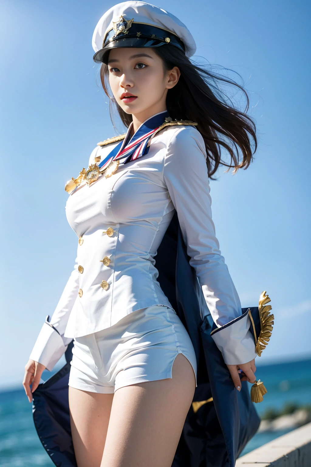 (8k, 4k, best quality, highres, ultra high res:1.1), (masterpiece, realistic, photo-realistic:1.1), 1girl, a young woman, an Asian woman, an elite female captain who is dignified and exudes an aura of leadership, her hair is neatly tied back and decorated with a medal of honor, wearing a white military uniform with gold and blue accents, white shorts, wearing a dashing captain's hat, sharp gaze, (looking at viewers) 