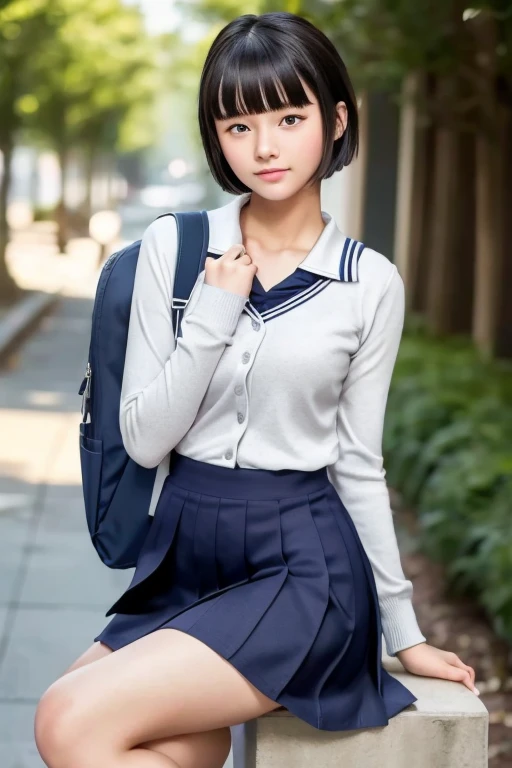 masterpiece,  best quality ,  High image quality ,High School Girl 10.0, very detailed , Asian Beauty,(.1),iris,natural beauty, like a movie,(  voluminous chest  ),Showing from the knees 10.0,Supple and soft limbs, Narrow Eyes and Thin Eye Makeup  ,Eliminates under-eye bags, very detailed なな目と顔,Glossy lips,Thighs,  sparkling eyes ,Droopy eyes,( short hair:1.2),(blunt bangs:1.2),On the way home from school,(Sitting in the city),( Navy Cardigan Style Uniform:1.1),(Navy Check Skirt:1.1),( Carrying Backpacks :1.2), hair fluttering in the wind,( Relax Pose :1.2),(Straddle Split:1.3)
