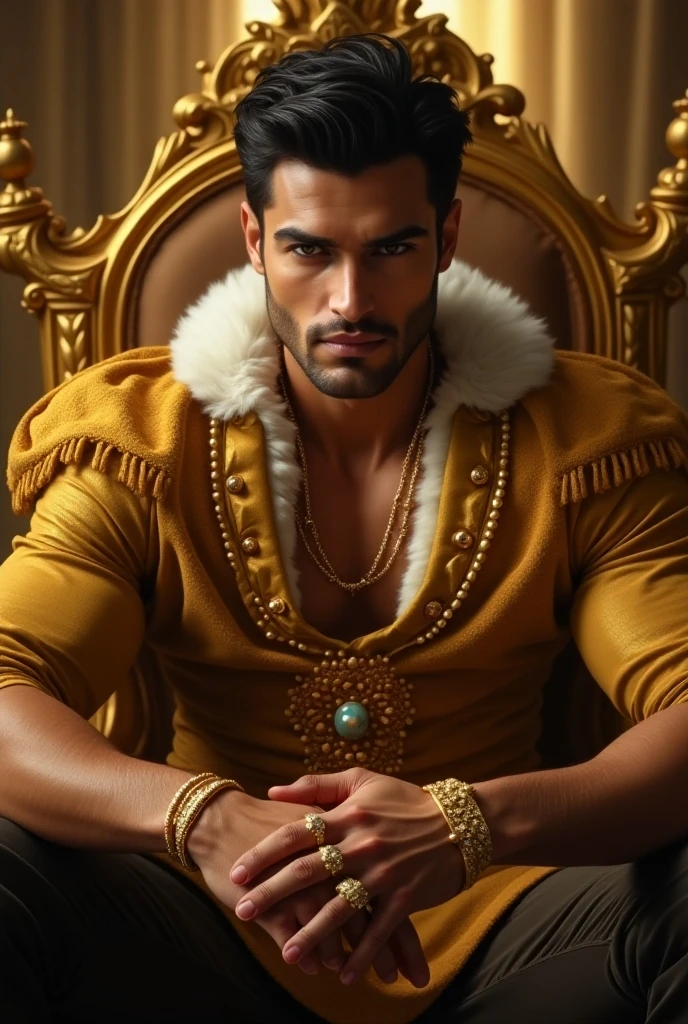 Masterpiece, high resolution, HDR, detailed composition, unique, hot handsome charming priest from the 1500s invites you to his village, medieval fashion, elegant clothing, luxurious medieval clothing with super fine golden detailing, wearing elaborate jewelry, fine jewelry, wearing rings and necklace, golden, gold, diamond, shiny, royalty, extremely fine clothing details, wearing a large golden belt with rich artistic details, divine, opulence, grandeur, wealthy, rich taste, affluence, wisdom, sophisticated man, dashing man, scruff and hairy, mature, masculine, macho, beautiful eyes, symmetrical eyes, staring directly at camera, charming smile, happy, full body, full figure