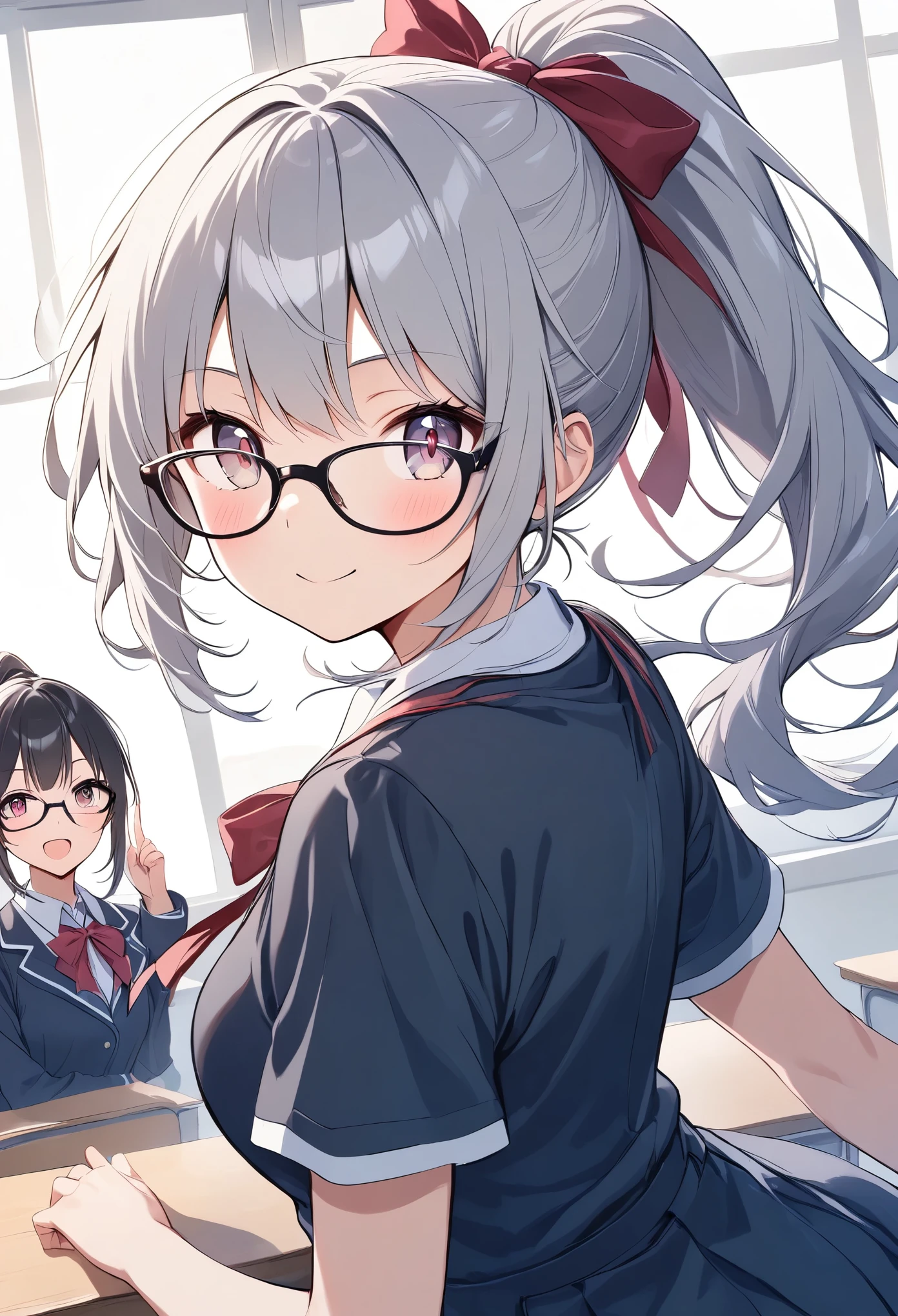 Light line drawing、 bright color、ROUGH、Gray Hair、 long ponytail、ribbon、Slit eyes、cute、Glasses、School classroom、Student Uniform、pointing