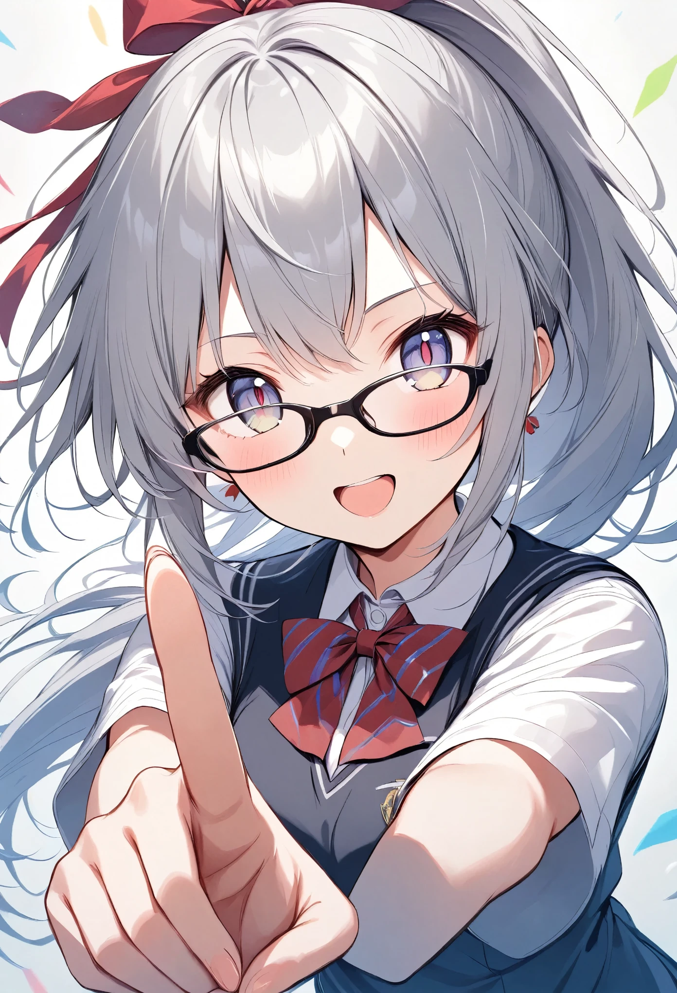 Light line drawing、 bright color、１ girls 、ROUGH、Gray Hair、 long ponytail、ribbon、Slit eyes、cute、Glasses、School classroom、Student Uniform、pointing