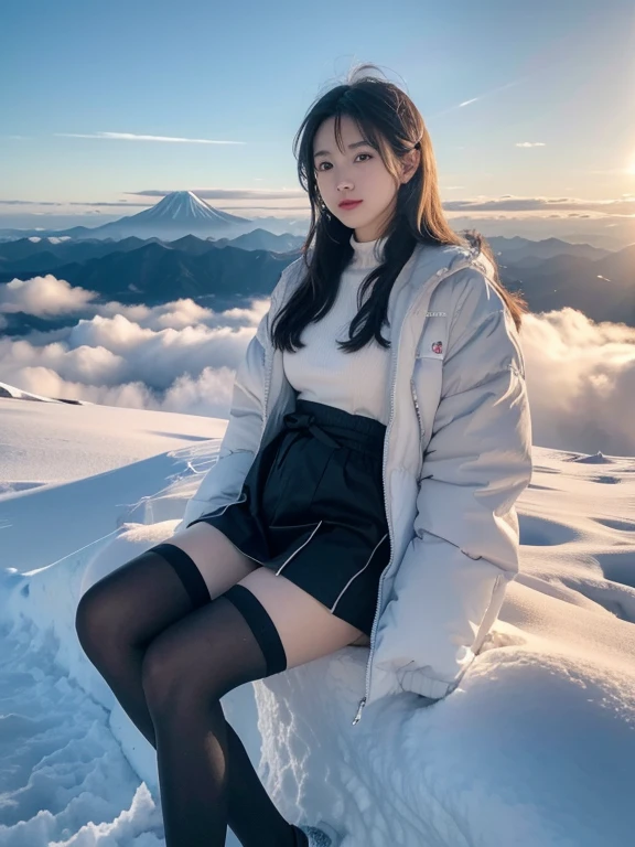 A sea of clouds can be seen from the top of the mountain,  beautiful Japanese woman , Down jacket, Skin is visible, Snow Mountain,  sunrise, Long Hair,  black tights, nsfw, sit, cowboy shot, Realism, UHD, masterpiece, high details, best quality, 8k