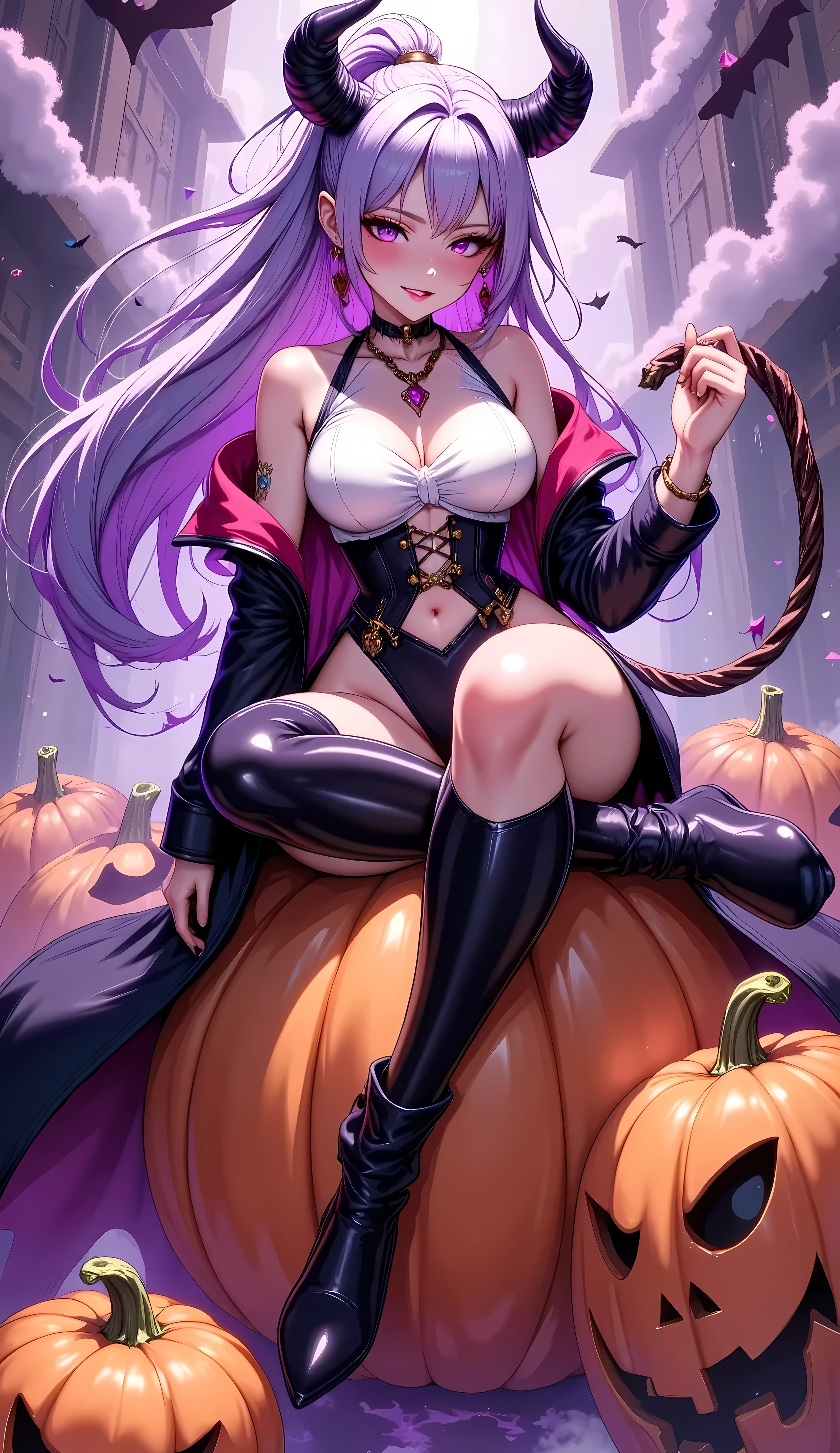 (shot from above, masterpiece,  Best Quality :1.2), sitting cross-legged on a pumpkin,  attack pumpkins with a powerful leather whip in your hand, ( Enchanting Blue Eyes ), Pumpkin Training ,  dynamic action, Halloween festivities ,  1 Vampire Girl , Alone,  enchanting canines ,  Dynamic Shots ,  \Characters "Atlas"\,  BREAK The Dark World of Yesen ,  Bats Flying Around ,  Transparent Fantasy: A purple world with rainbow-colored fog,  Will Captivate You... ,  BREAK The world of Happy Halloween is about to begin, kiri , 