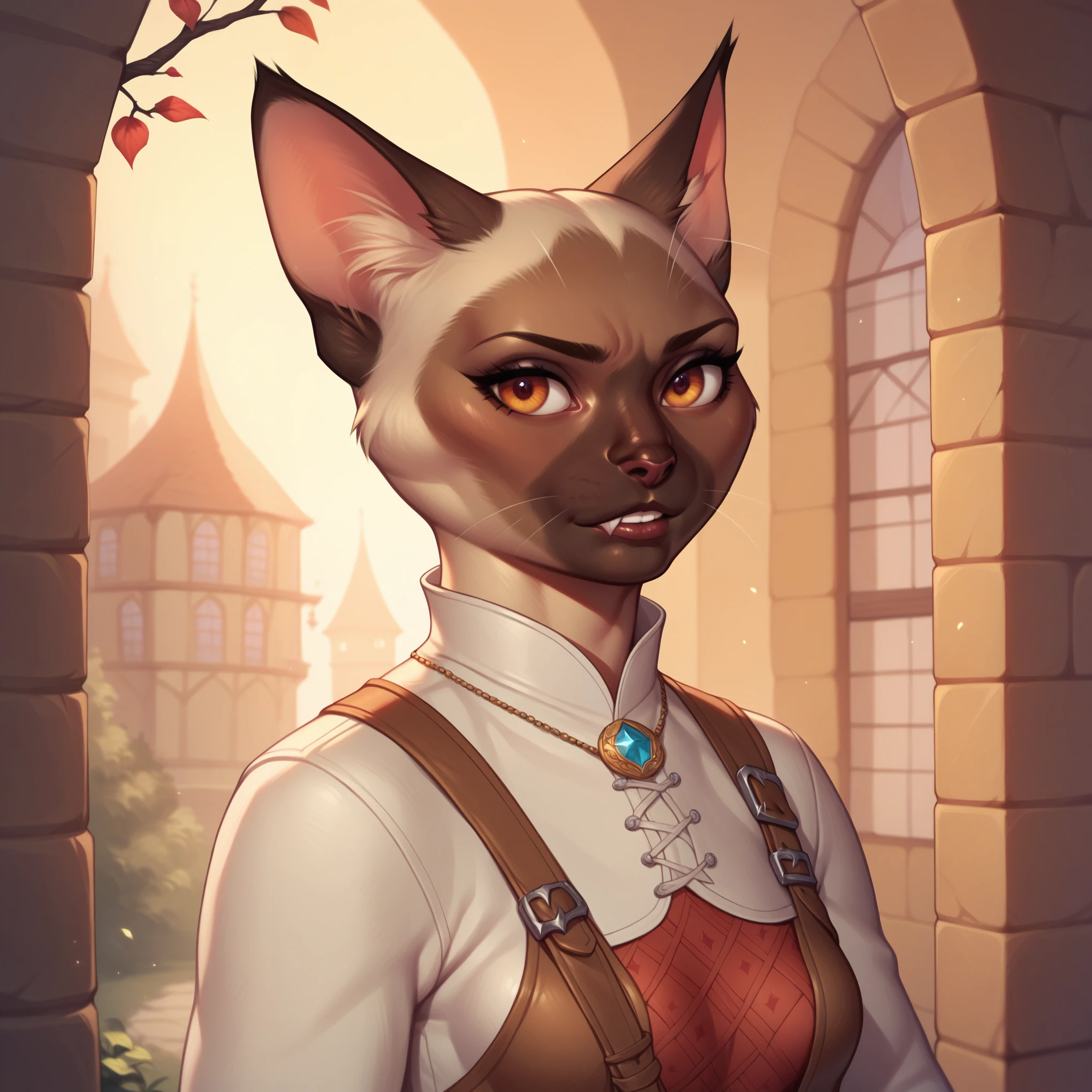(((beautiful, high quality, comics style, detailed face))), score_9, score_8_up, score_7_up, BREAK, 1girl, anthro cat (long ears, Siamese cat:1.5), black and cream color, short fur, cat, (RPG Rogue, rogue dressed, rogue theme), female focus, solo, portrait, upper body, portrait, serious expression, bearing teeth, medieval city background, fantasy, (dynamic lighting:1.1) ((masterpiece))