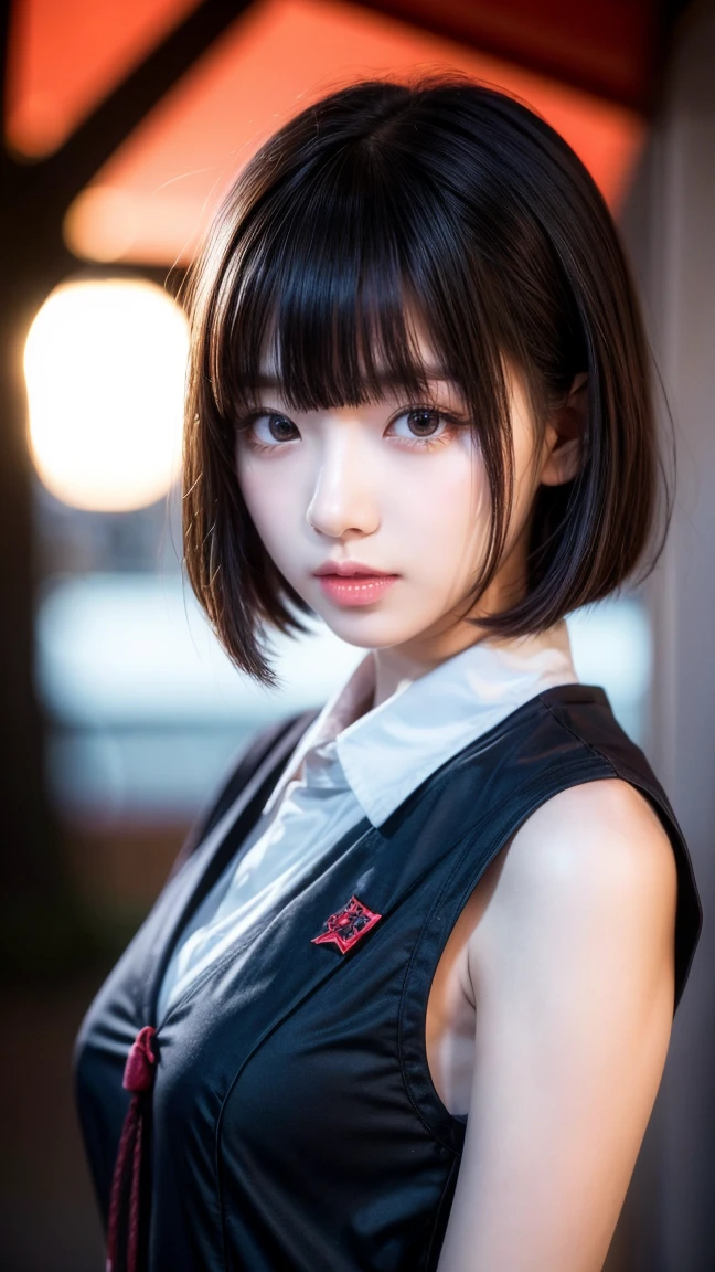 bending over,(Highest quality, Very detailed, masterpiece:1.2), 1 female, Very thin body, length, Thin legs, ((Black wavy short hair:1.2)), ((Thick and fluffy bangs)), Very detailedな顔,A faint smile, small, Thin Nose, small thin mouth, Extremely sharply focused eyes, Japanese, Beautiful Face, Realistic eyes, Beautiful and beautiful eyes, Realistic Skin, Beautiful Skin, charm, (Lively Faces), (Colorful-design nurse uniform), Creepy and unique hairstyles, High resolution, Vibrant color palette, , Tim Burton&#39;s signature dark shadows and strange details, Shooting from below,