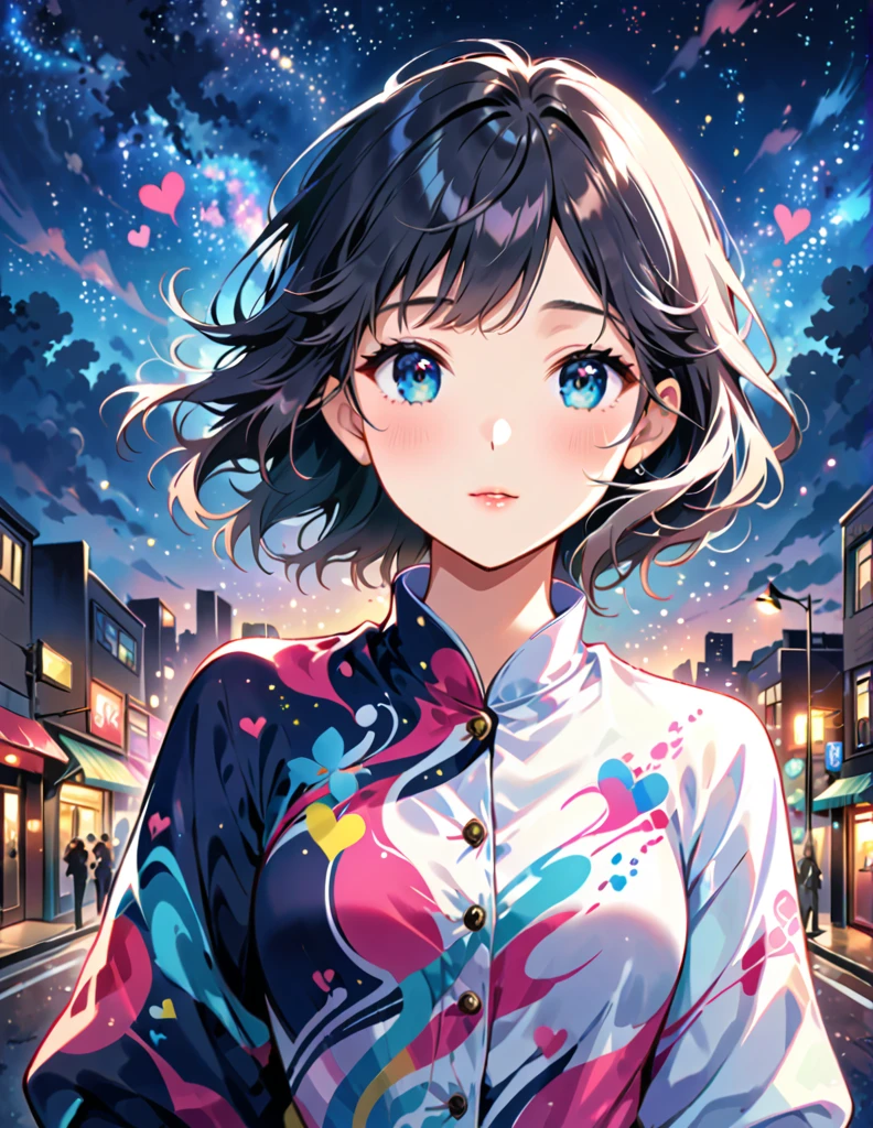 Makoto Shinkai Pink and White style, Simple Line Initialism，Abstract art，Urban Background, (((The most beautiful girl of all time))),  Lips in love, colorful hearts, stylish design, Starry Night