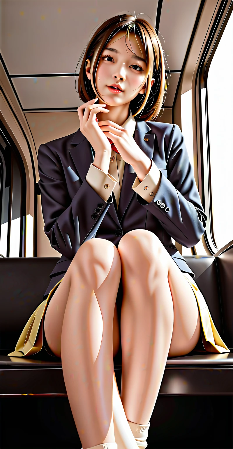  face,The cutest woman,teen, face,realistic, wind blowing from below ,Woman with perfect face ,,非常に Detailsな顔, is wearing 1 denier black tights ,Thighs that adhere closely,Train seat, anatomically correct,The most beautiful face,crossing legs,Woman sitting cross-legged in front, upper body, from the front,Very beautiful thighs,A highly detailed, photorealistic,  beautiful detailed eyes masterpiece, 8k,High image quality,8k, Details, ,extremely detailed eyes and face, long eyelashes, intricate facial features,Multiple women,First Person View,whole body,,Pleated skirt,Woman wearing a dress shirt,Bitch,transformation,A woman crossing her legs