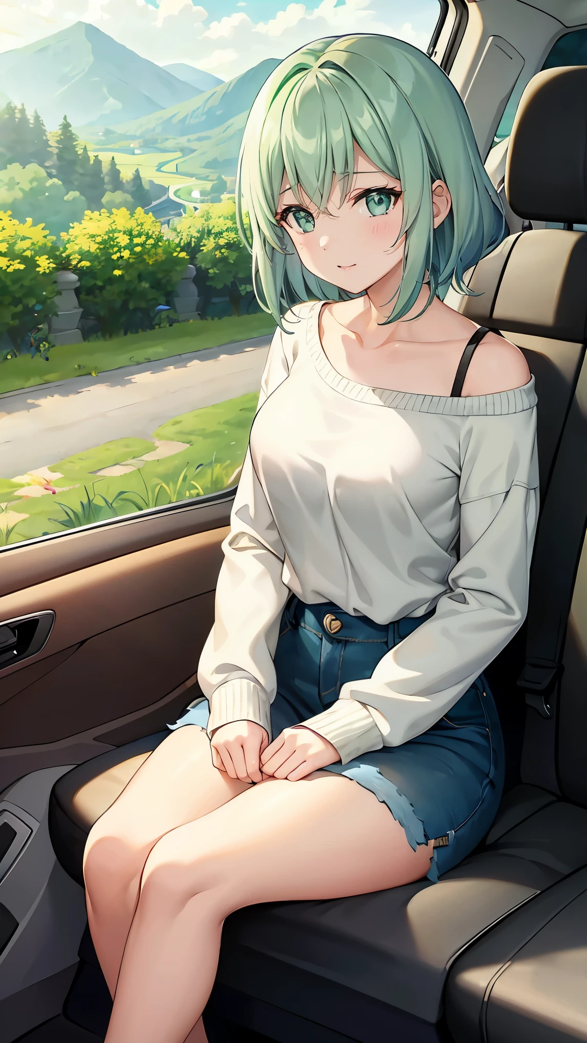 shoulder-length green hair, small size breasts, Small breasts、Green Eyes, 、(((Ladylike))), full body from head to toe 、Jeans、 and slightly longer sleeves to fit in the palm of your hand、Feminine clothing、、Chuckle、((Inside the carの助手席))、Drive Date、A great view 、Inside the car、 chatting 、Stylish、Looking at the view outside、 sideways、The wind from the car window makes my hair flutter
