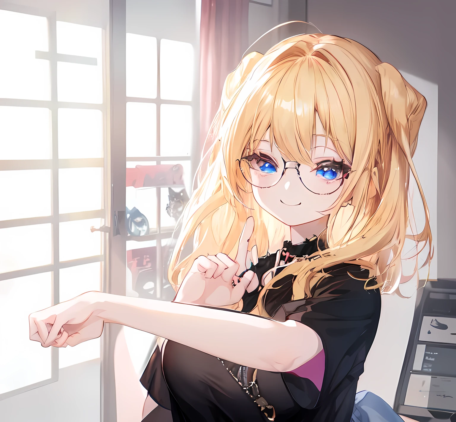 blonde anime girl with round glasses and black shirt pointing at something with henger, blue eyes, have a cute (brown) dog ears, inumimi, looking at camera, smiling, anime style. 8k, with index finger, anime vibes, realistic anime 3 d style, render of a cute 3d anime girl, anime moe artstyle, photorealistic anime girl render, anime. soft lighting, anime style 4 k, anime visual of a cute girl