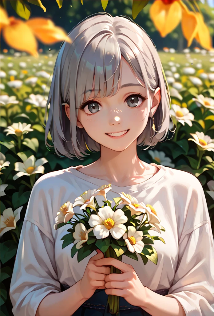 masterpiece, Best Quality,  1 girl, Gray Hair, smile,  watching viewers , adult, Fully Matured, Holding flowers